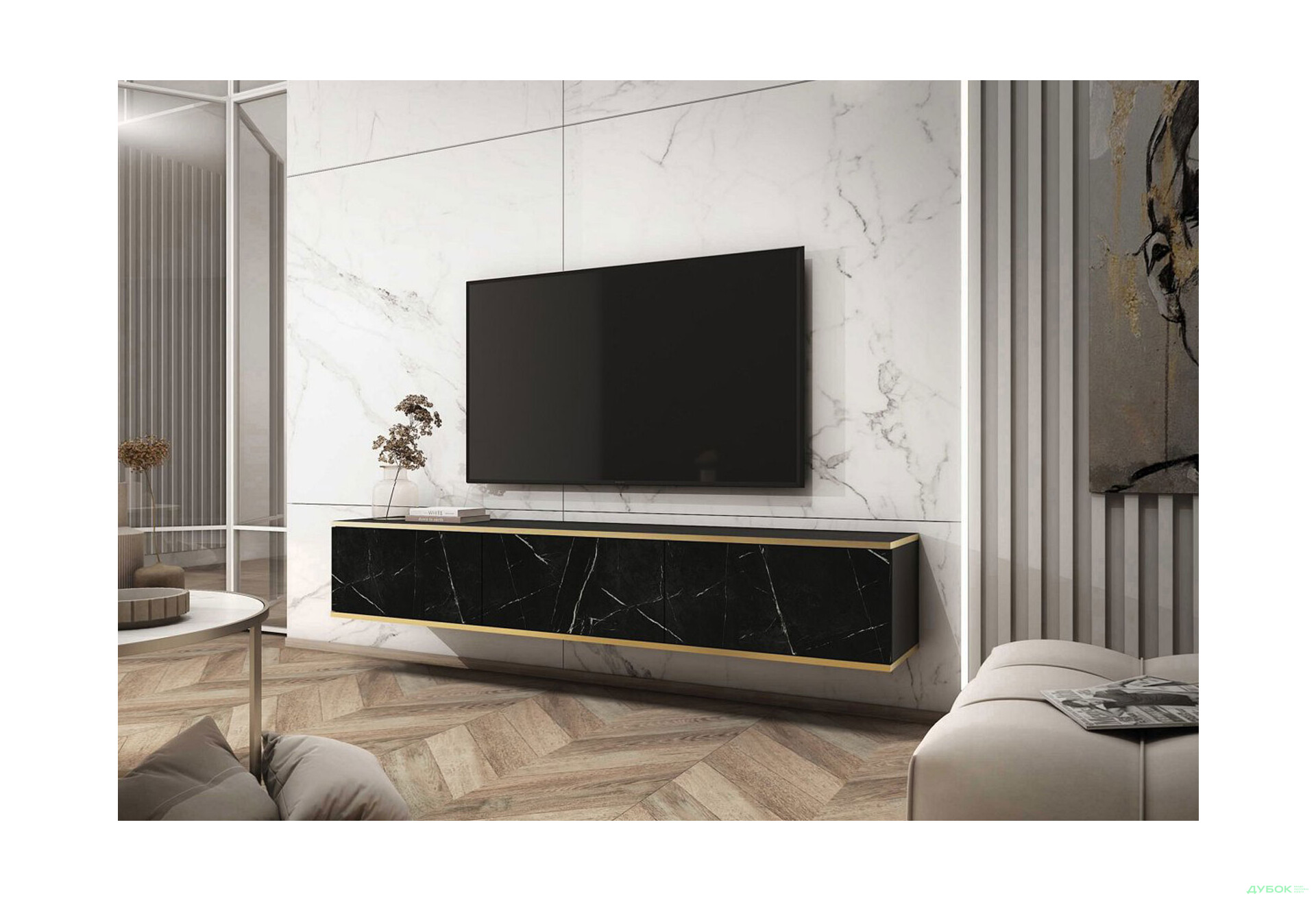 Тумба под ТВ Perfect Home Оро / Oro навесная с 3 дверками 175 см, черный мрамор - Изображение 2 Изображение 2 - Тумба под ТВ Perfect Home Оро / Oro навесная с 3 дверками 175 см, черный мрамор