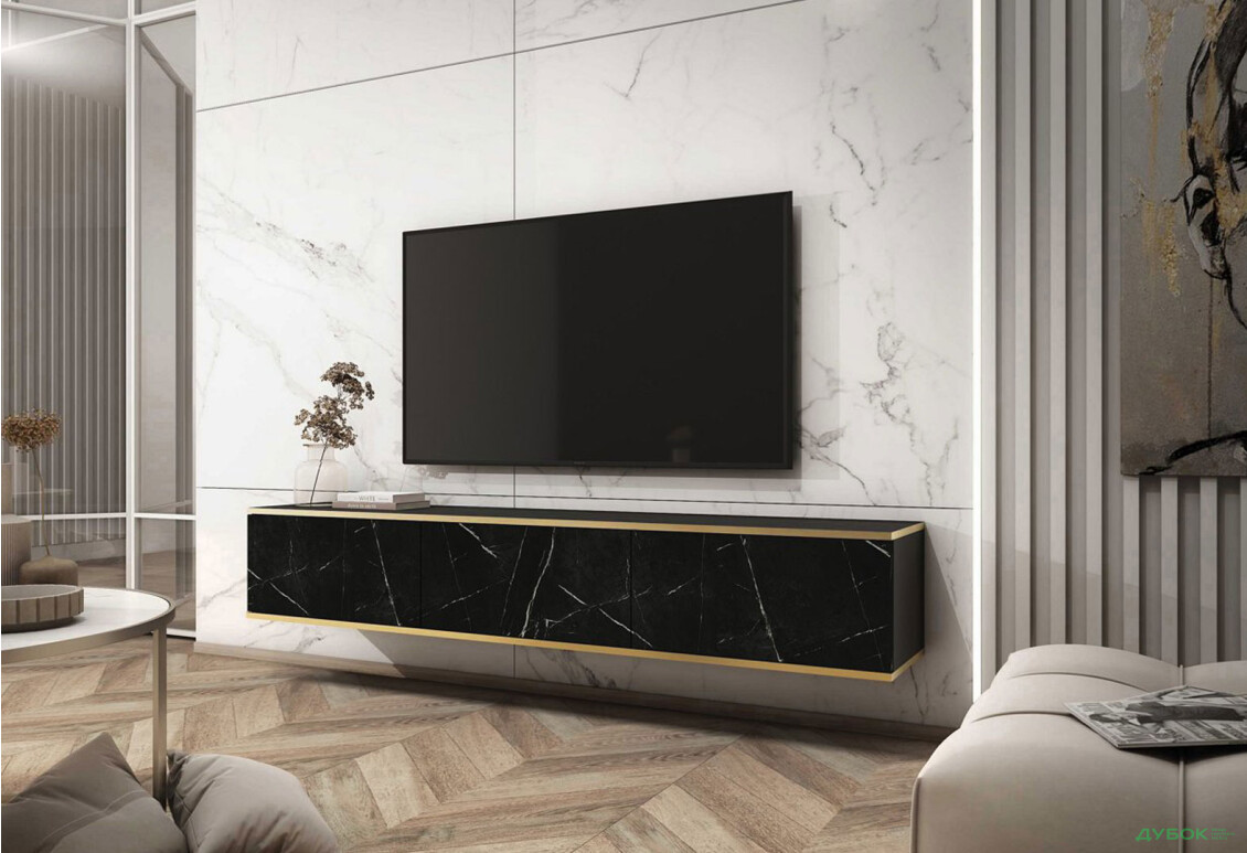 Тумба под ТВ Perfect Home Оро / Oro навесная с 3 дверками 175 см, черный мрамор - Изображение 2 Изображение 2 - Тумба под ТВ Perfect Home Оро / Oro навесная с 3 дверками 175 см, черный мрамор