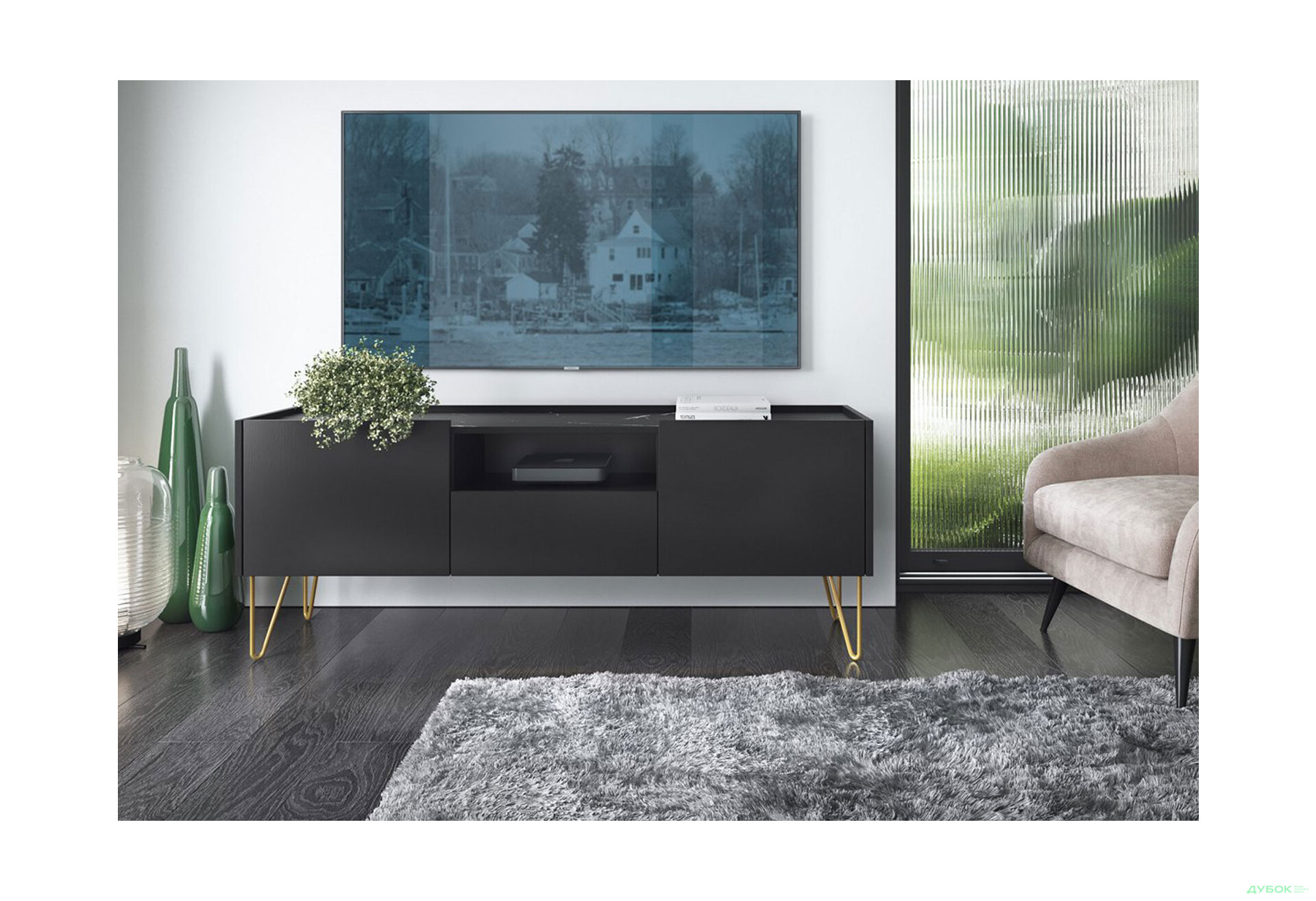 Тумба під ТВ Perfect Home Гармоні / Harmony з 2 дверками та шухлядою 144 см, чорний / чорний мармур роял - Зображення 2 Зображення 2 - Тумба під ТВ Perfect Home Гармоні / Harmony з 2 дверками та шухлядою 144 см, чорний / чорний мармур роял