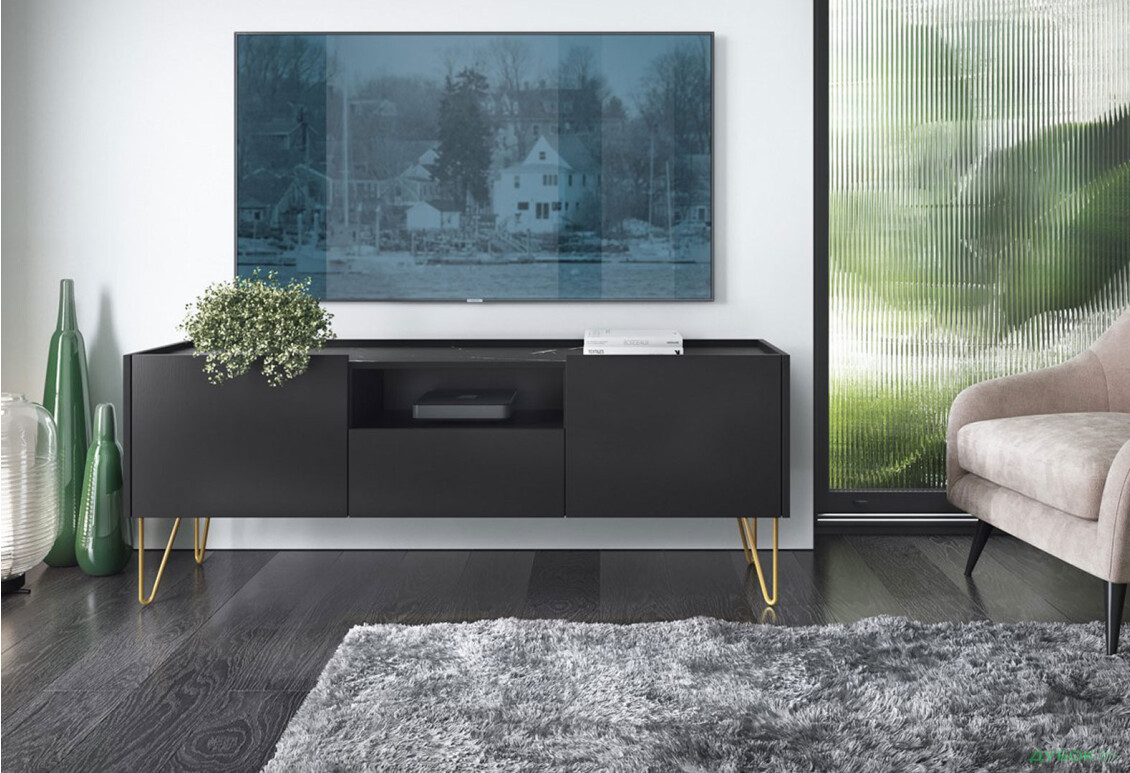 Зображення 2 - Тумба під ТВ Perfect Home Гармоні / Harmony з 2 дверками та шухлядою 144 см, чорний / чорний мармур роял