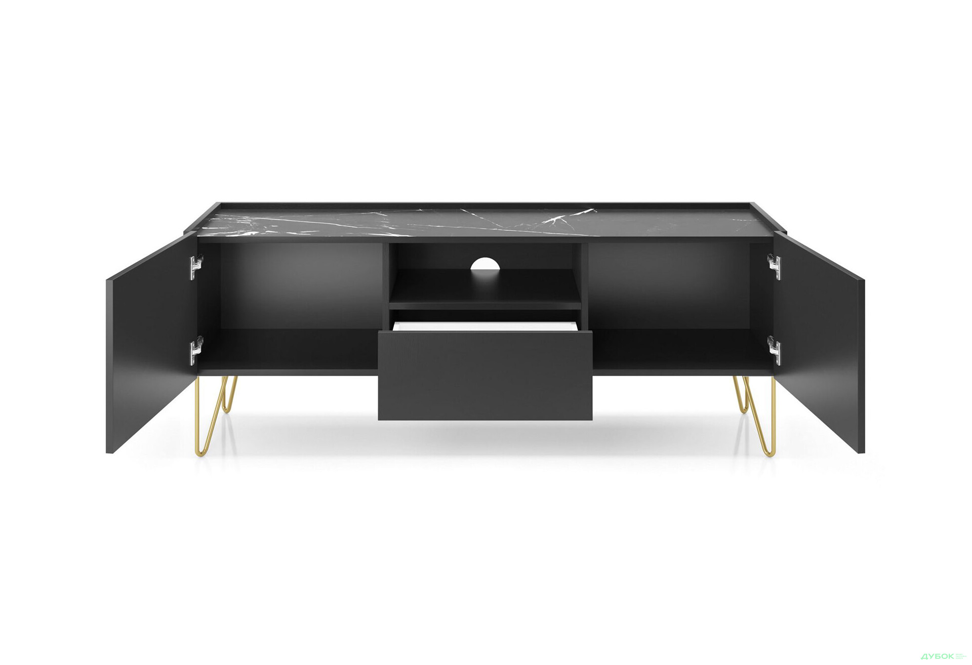 Тумба під ТВ Perfect Home Гармоні / Harmony з 2 дверками та шухлядою 144 см, чорний / чорний мармур роял - Зображення 4 Зображення 4 - Тумба під ТВ Perfect Home Гармоні / Harmony з 2 дверками та шухлядою 144 см, чорний / чорний мармур роял