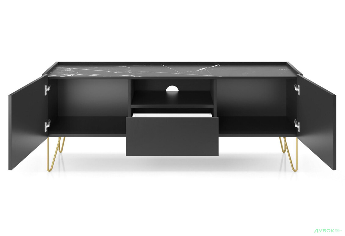 Тумба під ТВ Perfect Home Гармоні / Harmony з 2 дверками та шухлядою 144 см, чорний / чорний мармур роял - Зображення 4 Зображення 4 - Тумба під ТВ Perfect Home Гармоні / Harmony з 2 дверками та шухлядою 144 см, чорний / чорний мармур роял