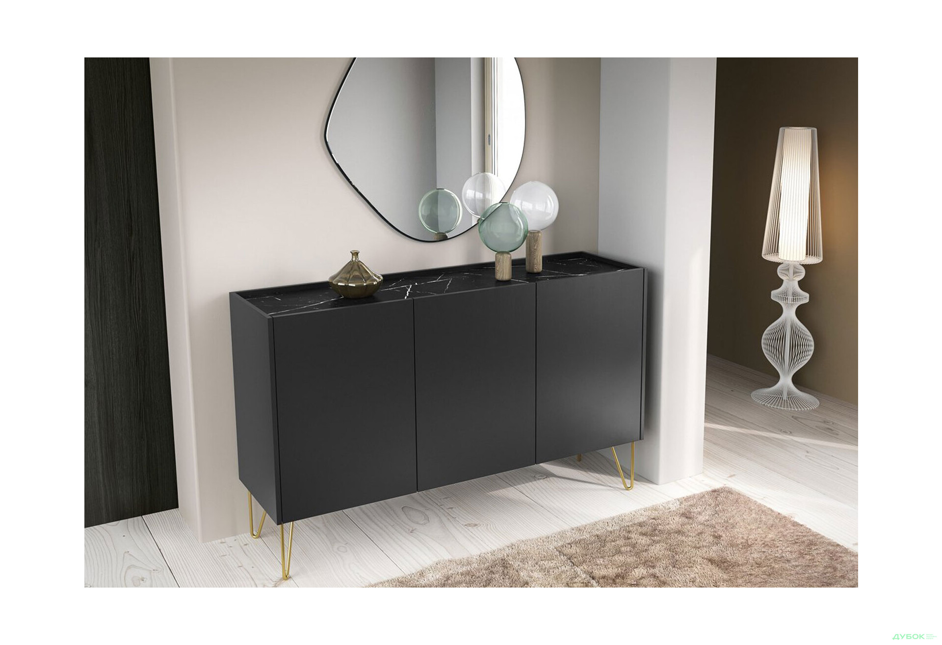 Комод Perfect Home Гармони / Harmony 3-дверный 144 см, черный / черный мрамор роял - Изображение 2 Изображение 2 - Комод Perfect Home Гармони / Harmony 3-дверный 144 см, черный / черный мрамор роял