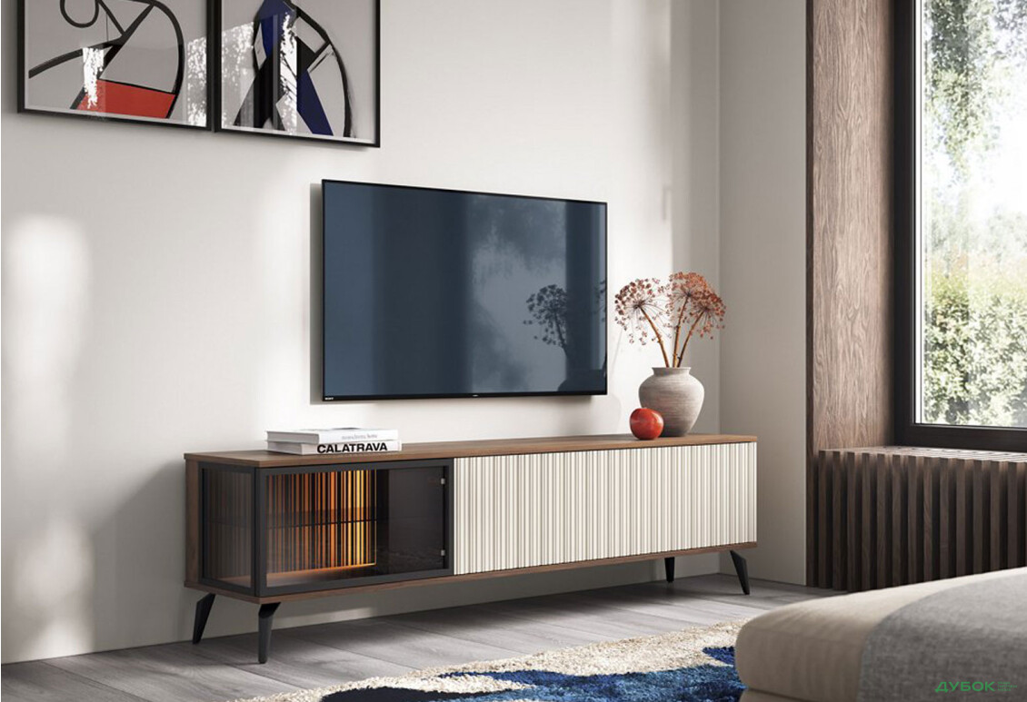 Зображення 3 - Тумба під ТВ Perfect Home Вічі / Vici з 3 дверками та підсвіткою 180 см, горіх / кашемір