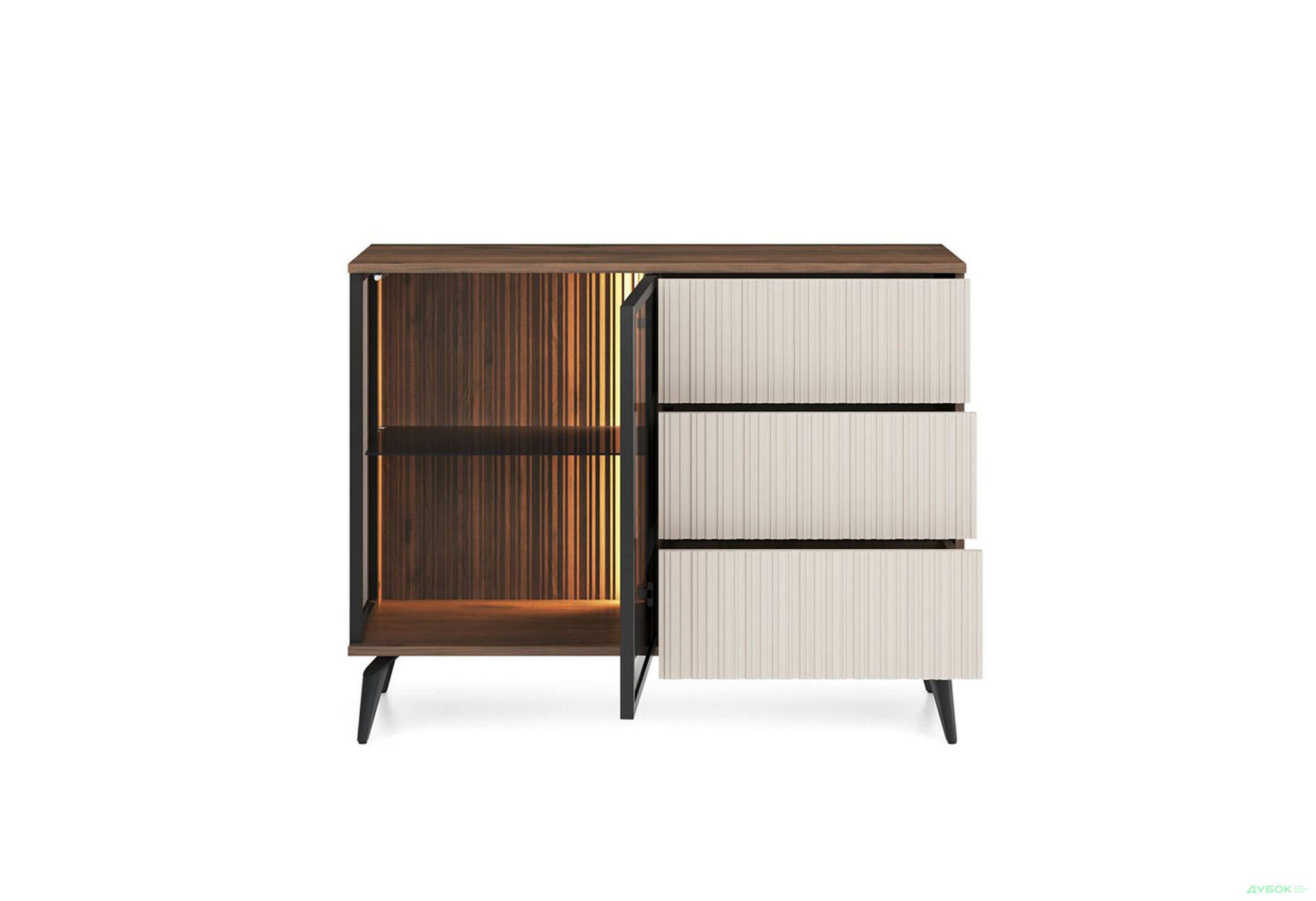 Комод Perfect Home Вічі / Vici 1-дверний з 3 шухлядами та підсвіткою 103 см, горіх / кашемір - Зображення 2 Зображення 2 - Комод Perfect Home Вічі / Vici 1-дверний з 3 шухлядами та підсвіткою 103 см, горіх / кашемір