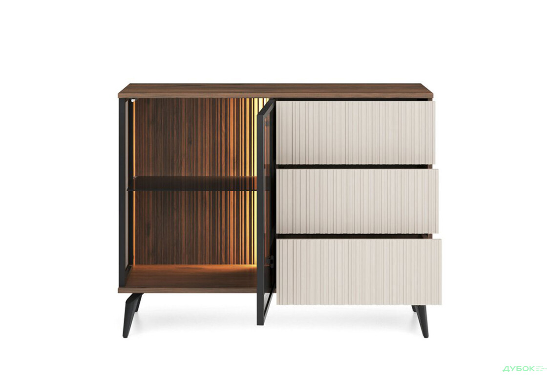 Комод Perfect Home Вічі / Vici 1-дверний з 3 шухлядами та підсвіткою 103 см, горіх / кашемір - Зображення 2 Зображення 2 - Комод Perfect Home Вічі / Vici 1-дверний з 3 шухлядами та підсвіткою 103 см, горіх / кашемір