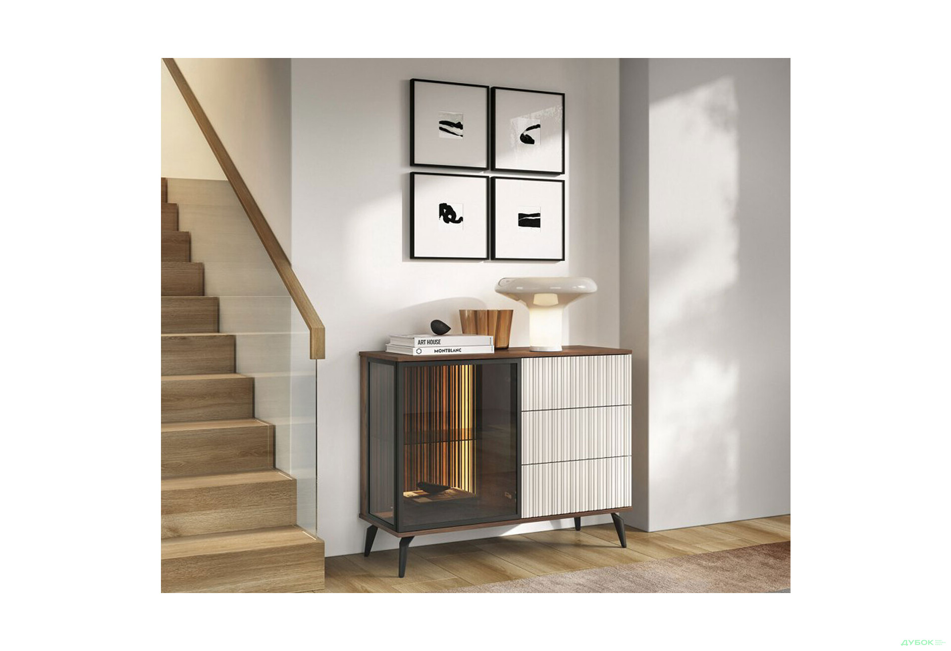 Комод Perfect Home Вічі / Vici 1-дверний з 3 шухлядами та підсвіткою 103 см, горіх / кашемір - Зображення 3 Зображення 3 - Комод Perfect Home Вічі / Vici 1-дверний з 3 шухлядами та підсвіткою 103 см, горіх / кашемір