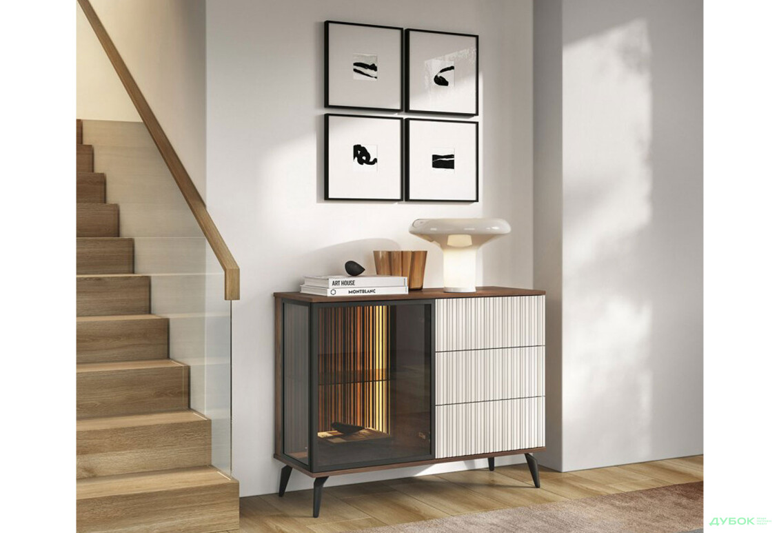 Комод Perfect Home Вічі / Vici 1-дверний з 3 шухлядами та підсвіткою 103 см, горіх / кашемір - Зображення 3 Зображення 3 - Комод Perfect Home Вічі / Vici 1-дверний з 3 шухлядами та підсвіткою 103 см, горіх / кашемір