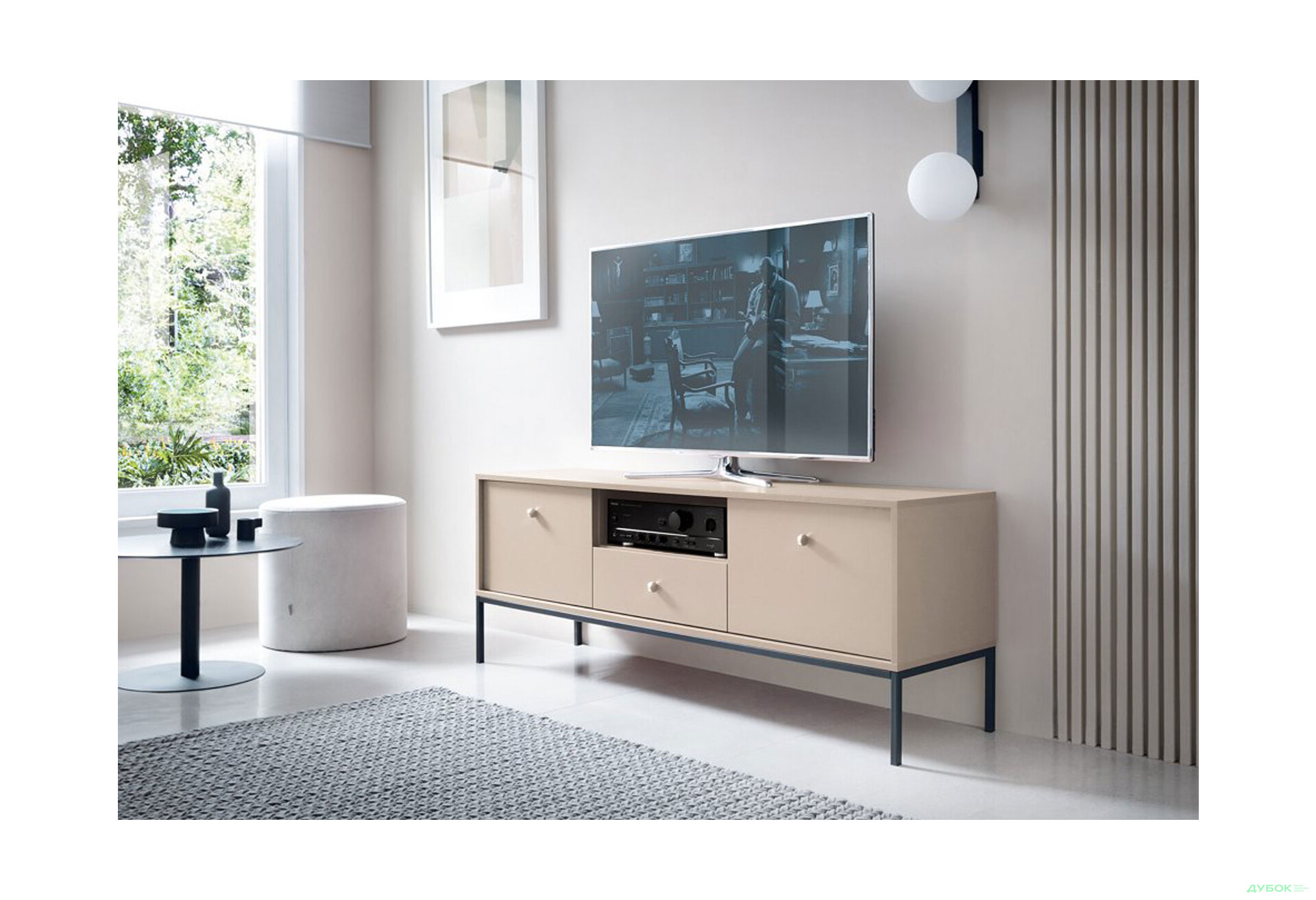 Тумба під ТВ Perfect Home Моно / Mono з 2 дверками, шухлядою та полицею 154 см, беж пісочний, чорні ніжки - Зображення 2 Зображення 2 - Тумба під ТВ Perfect Home Моно / Mono з 2 дверками, шухлядою та полицею 154 см, беж пісочний, чорні ніжки