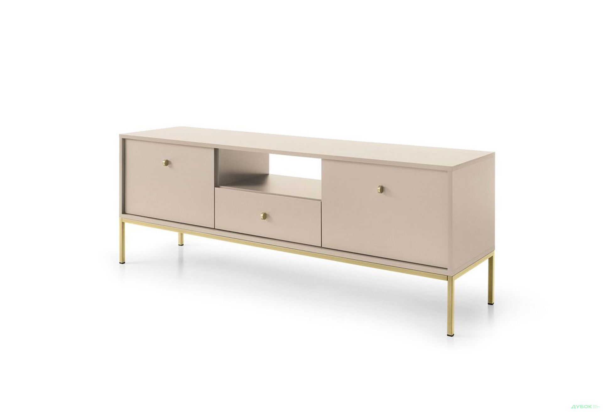 Тумба под ТВ Perfect Home Моно / Mono с 2 дверками, ящиком и полкой 154 см, беж песочный, золотые ножки - Изображение 1 Изображение 1 - Тумба под ТВ Perfect Home Моно / Mono с 2 дверками, ящиком и полкой 154 см, беж песочный, золотые ножки