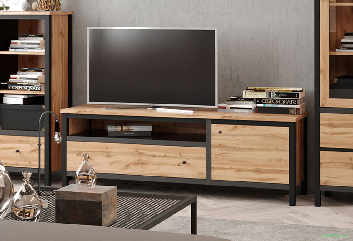 Тумба під ТВ Гербор Чос з 1 шухлядою та дверкою 160 см, дуб тахо / чорний - Зображення 2 Зображення 2 - Тумба під ТВ Гербор Чос з 1 шухлядою та дверкою 160 см, дуб тахо / чорний