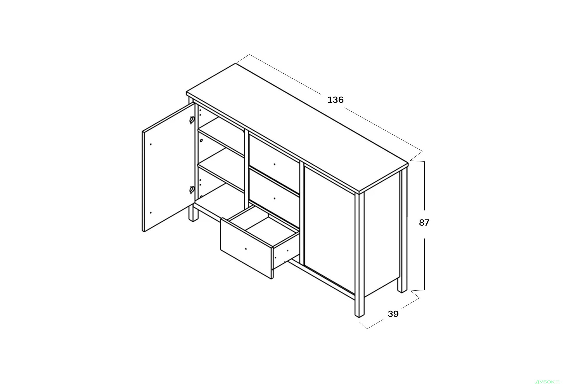 Комод Гербор Чос 2-дверний з 3 шухлядами 136 см, дуб тахо / чорний - Зображення 2 Зображення 2 - Комод Гербор Чос 2-дверний з 3 шухлядами 136 см, дуб тахо / чорний