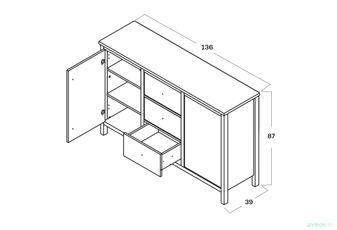 Комод Гербор Чос 2-дверний з 3 шухлядами 136 см, дуб тахо / чорний - Зображення 2 Зображення 2 - Комод Гербор Чос 2-дверний з 3 шухлядами 136 см, дуб тахо / чорний