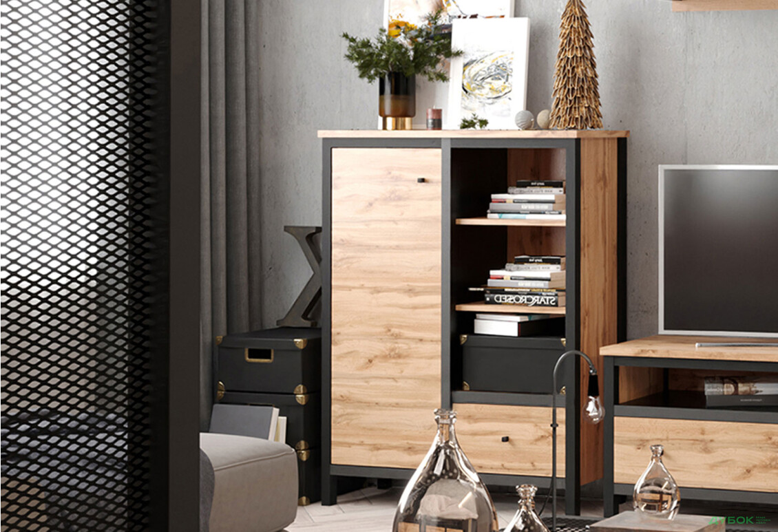 Комод Гербор Чос 1-дверний з шухлядою та полицями 92 см, дуб тахо / чорний - Зображення 2 Зображення 2 - Комод Гербор Чос 1-дверний з шухлядою та полицями 92 см, дуб тахо / чорний