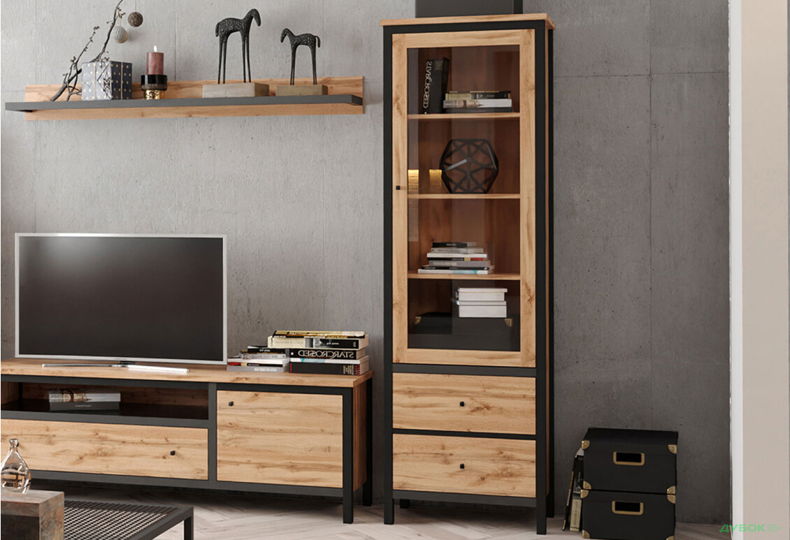 Вітрина Гербор Чос 62 см, дуб тахо / чорний - Зображення 2 Зображення 2 - Вітрина Гербор Чос 62 см, дуб тахо / чорний