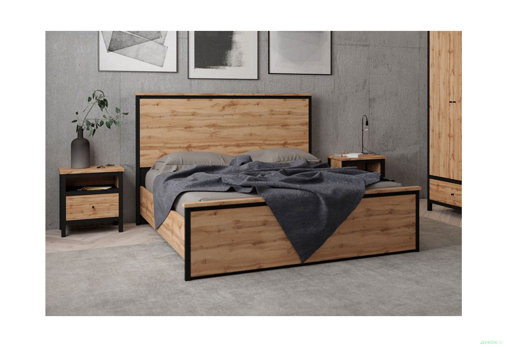 Тумба приліжкова Гербор Чос з шухлядою 50 см, дуб тахо / чорний - Зображення 2 Зображення 2 - Тумба приліжкова Гербор Чос з шухлядою 50 см, дуб тахо / чорний