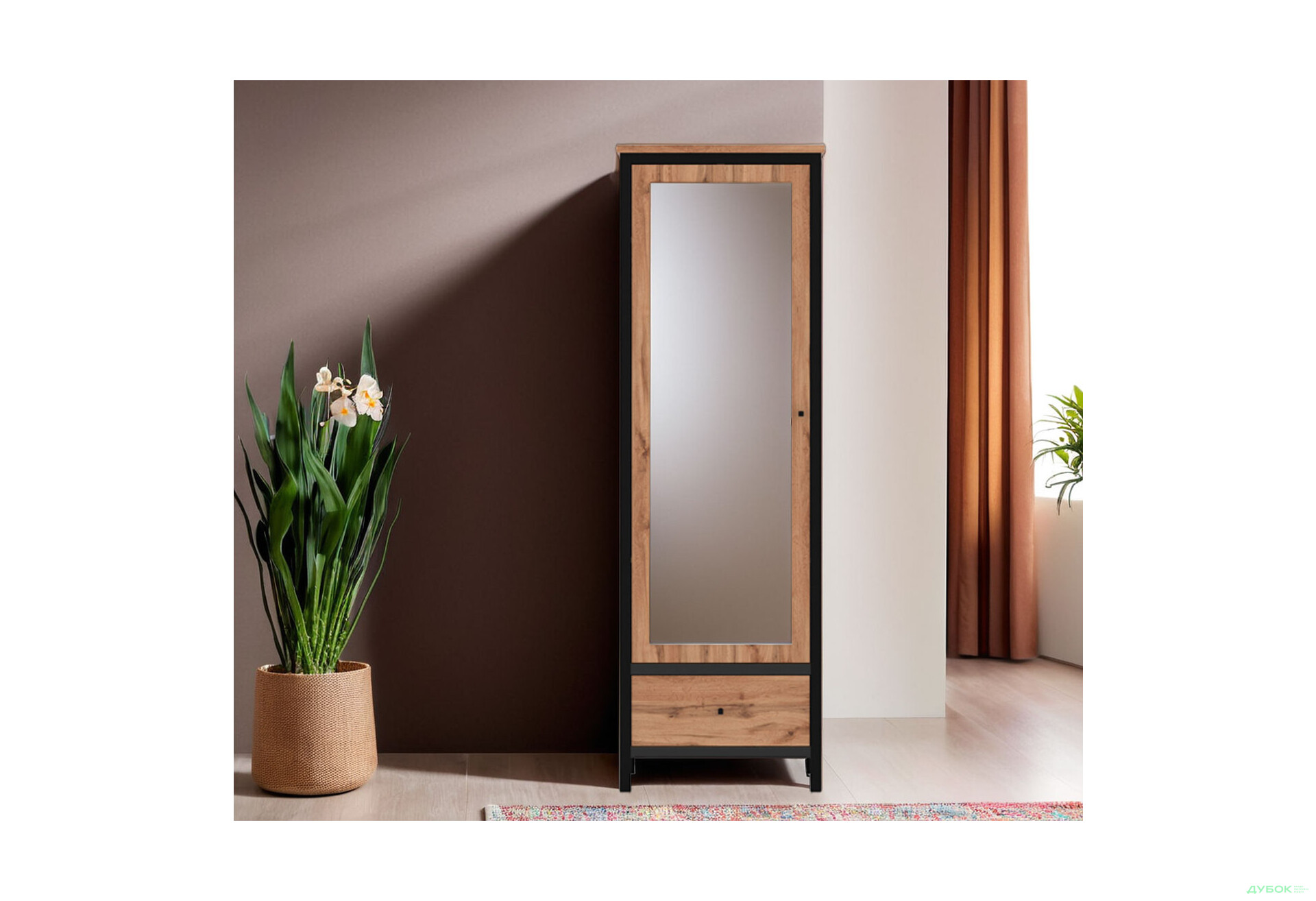 Шафа Гербор Чос 1-дверна з шухлядою та дзеркалом 62 см, дуб тахо / чорний - Зображення 2 Зображення 2 - Шафа Гербор Чос 1-дверна з шухлядою та дзеркалом 62 см, дуб тахо / чорний