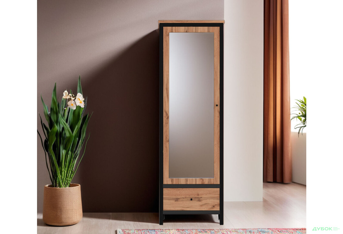 Шафа Гербор Чос 1-дверна з шухлядою та дзеркалом 62 см, дуб тахо / чорний - Зображення 2 Зображення 2 - Шафа Гербор Чос 1-дверна з шухлядою та дзеркалом 62 см, дуб тахо / чорний