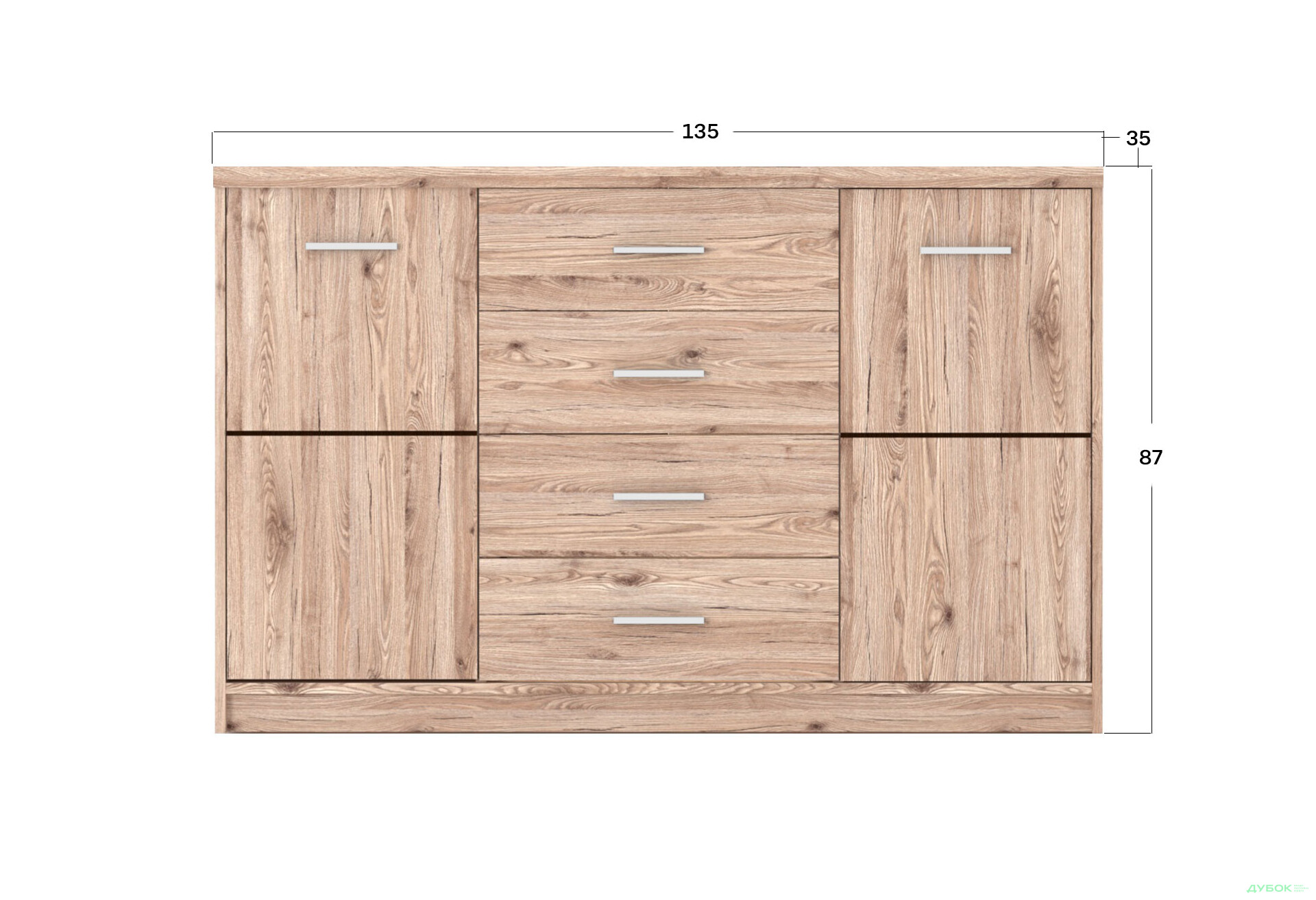 Комод Гербор Шанталь 2-дверний з 4 шухлядами 135 см, дуб сан-ремо світлий - Зображення 2 Зображення 2 - Комод Гербор Шанталь 2-дверний з 4 шухлядами 135 см, дуб сан-ремо світлий