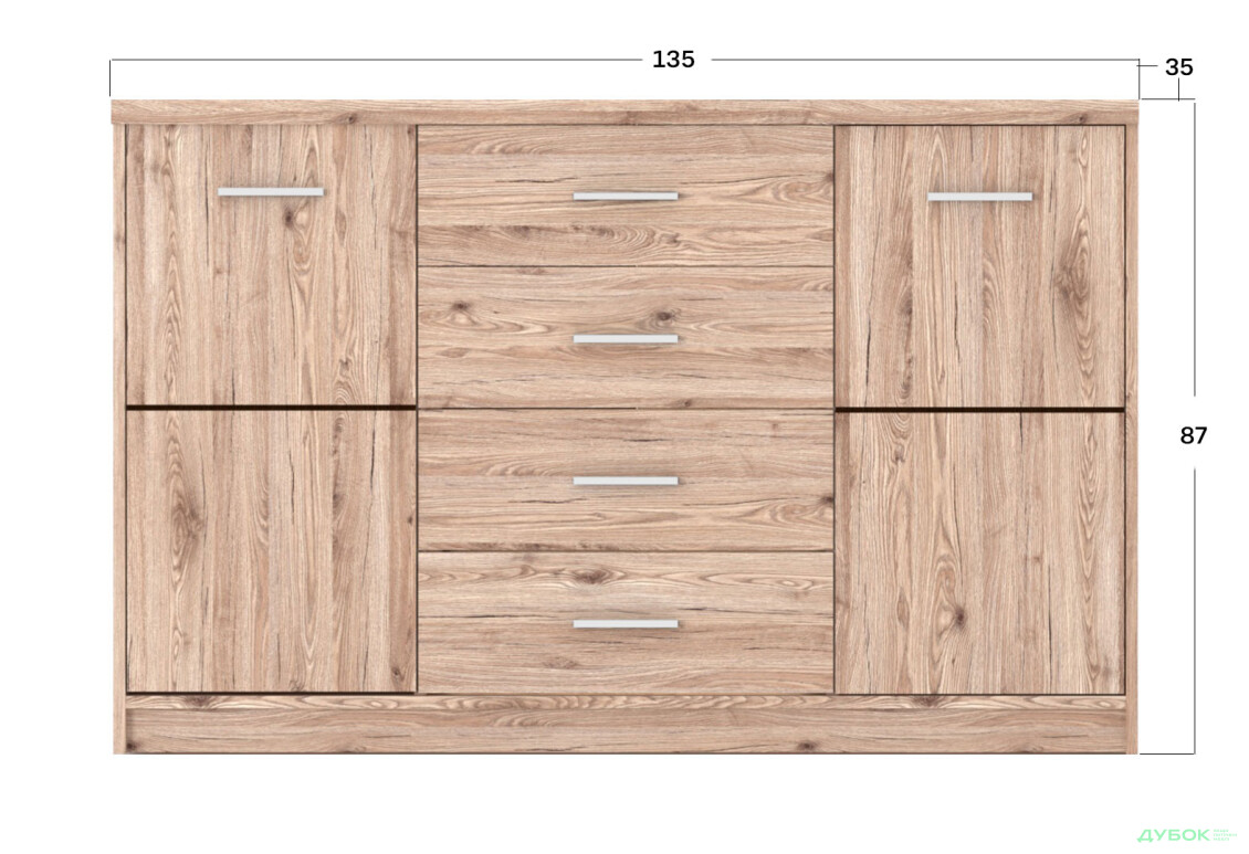 Комод Гербор Шанталь 2-дверний з 4 шухлядами 135 см, дуб сан-ремо світлий - Зображення 2 Зображення 2 - Комод Гербор Шанталь 2-дверний з 4 шухлядами 135 см, дуб сан-ремо світлий