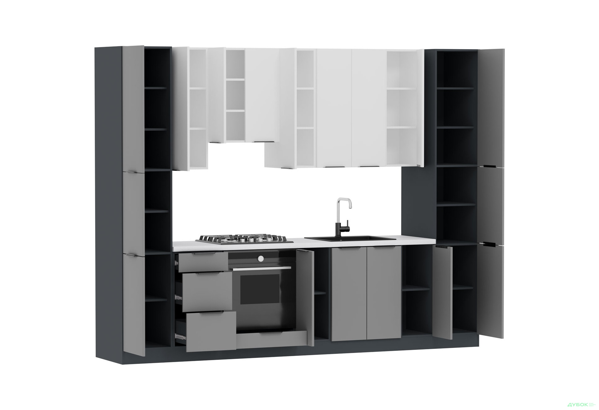 Кухня Флэт Люкс 3.0 Вип-Мастер, низ - антрацит / серый мат, верх - белый / белый мат - Изображение 4 Изображение 4 - Кухня Флэт Люкс 3.0 Вип-Мастер, низ - антрацит / серый мат, верх - белый / белый мат