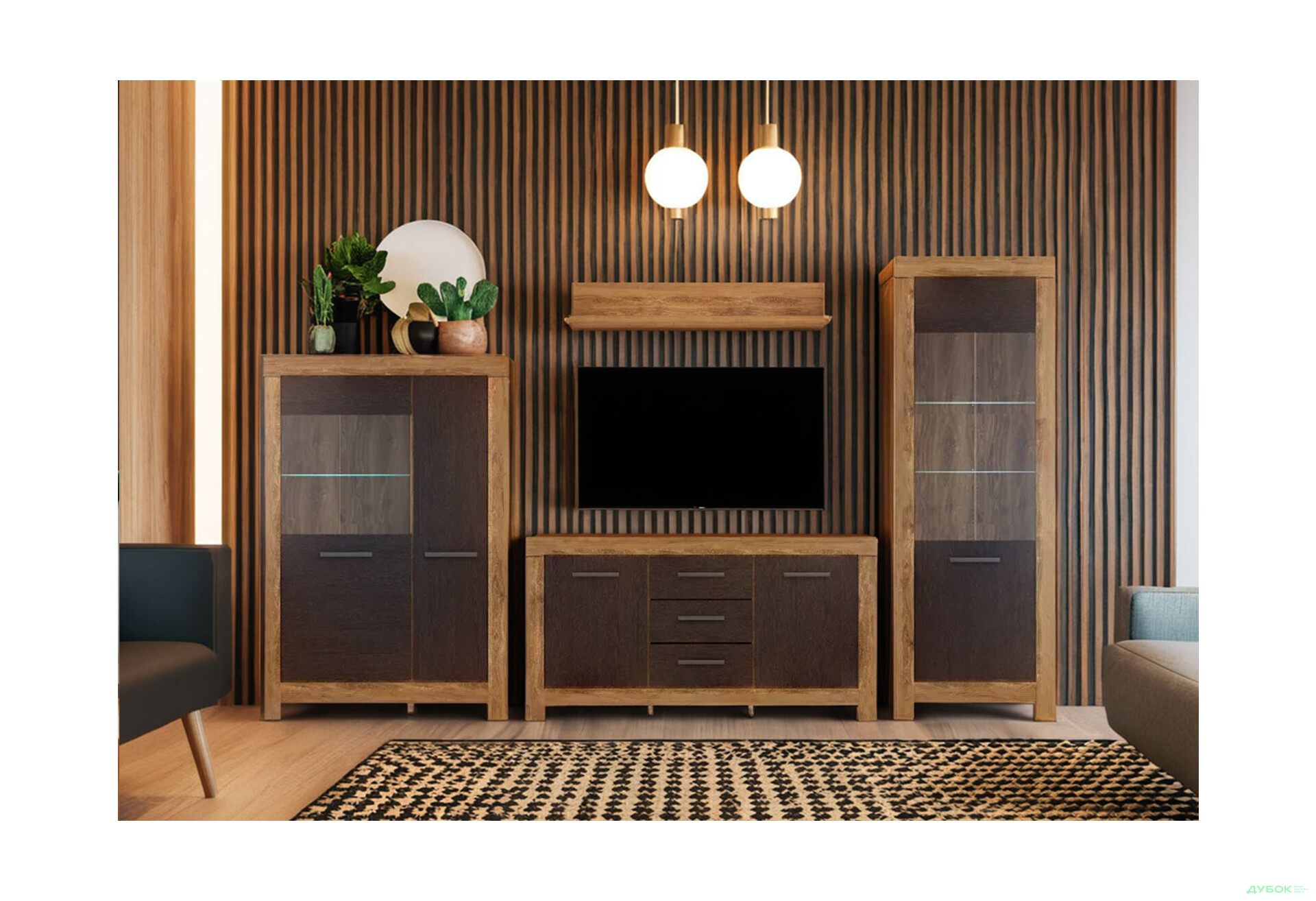 Комплект стінка з вітринами Гербор Белен 328 см Дуб ансберг темний/Дуб болотний коричневий - Зображення 1 Зображення 1 - Комплект стінка з вітринами Гербор Белен 328 см Дуб ансберг темний/Дуб болотний коричневий