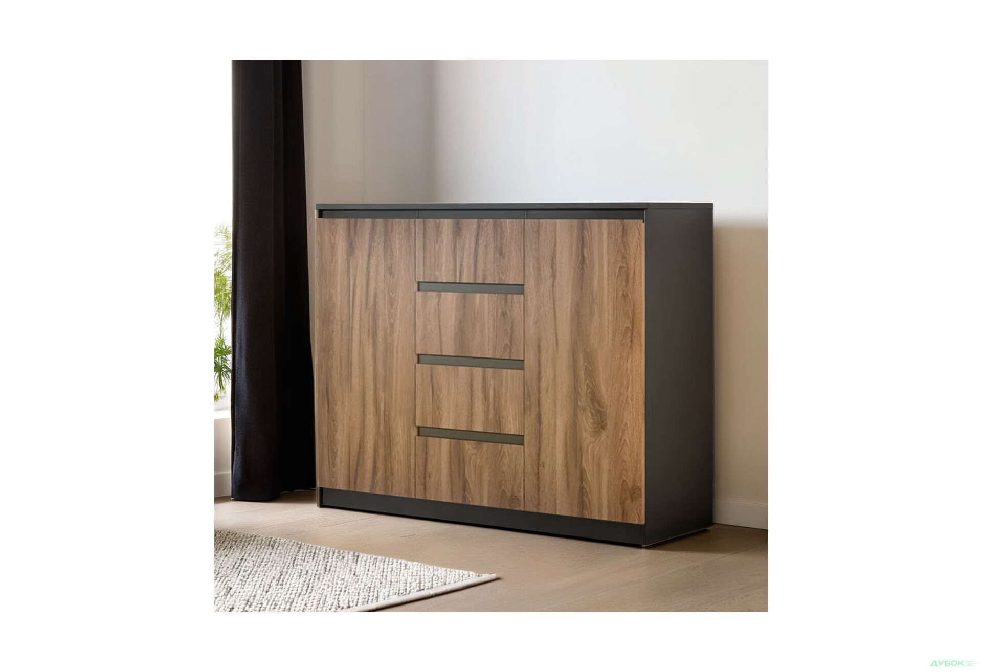 Комод Svit Mebliv Фрида с 2 дверцами і 4 ящиками 120 см, чёрный / дуб ливорно - Изображение 2 Изображение 2 - Комод Svit Mebliv Фрида с 2 дверцами і 4 ящиками 120 см, чёрный / дуб ливорно