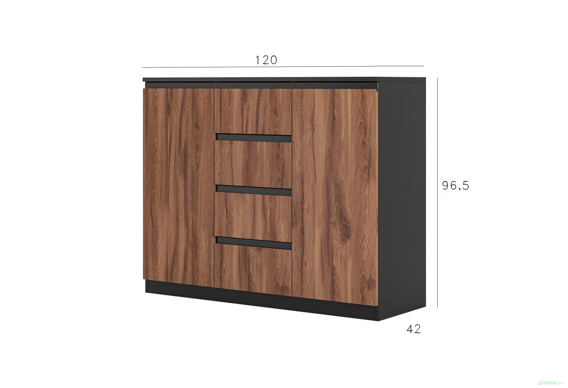 Комод Svit Mebliv Фрида с 2 дверцами і 4 ящиками 120 см, чёрный / дуб ливорно - Изображение 4 Изображение 4 - Комод Svit Mebliv Фрида с 2 дверцами і 4 ящиками 120 см, чёрный / дуб ливорно