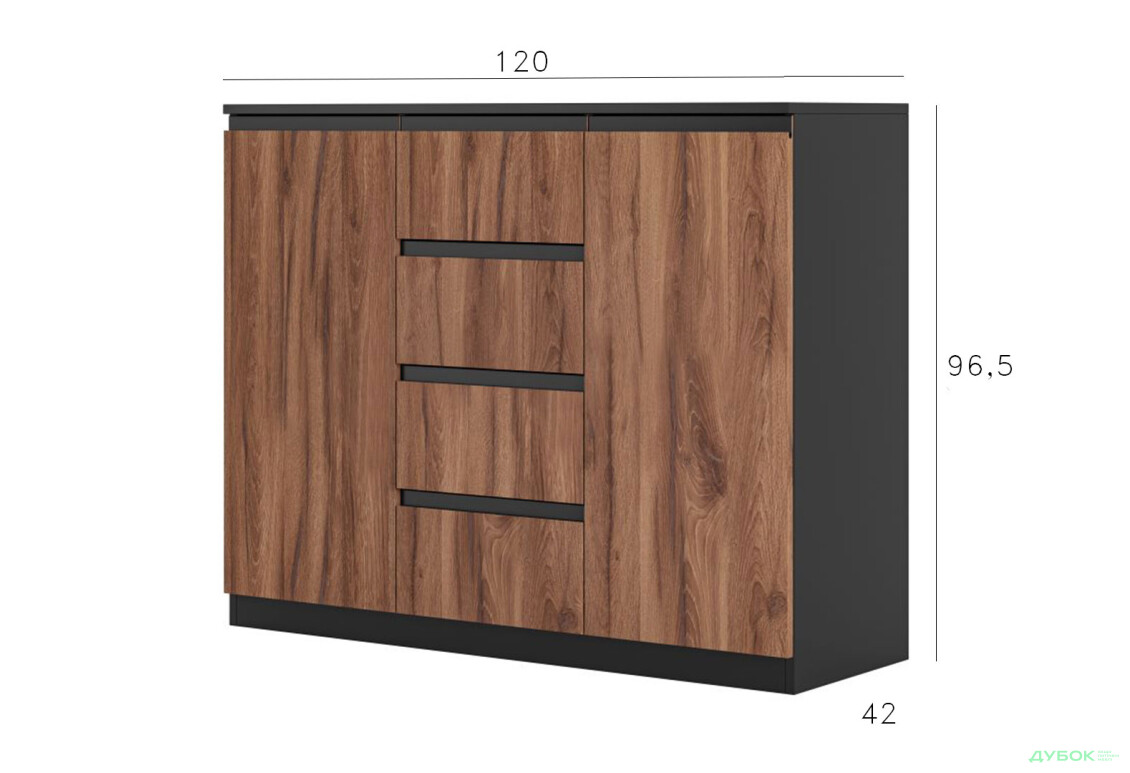 Комод Svit Mebliv Фрида с 2 дверцами і 4 ящиками 120 см, чёрный / дуб ливорно - Изображение 4 Изображение 4 - Комод Svit Mebliv Фрида с 2 дверцами і 4 ящиками 120 см, чёрный / дуб ливорно