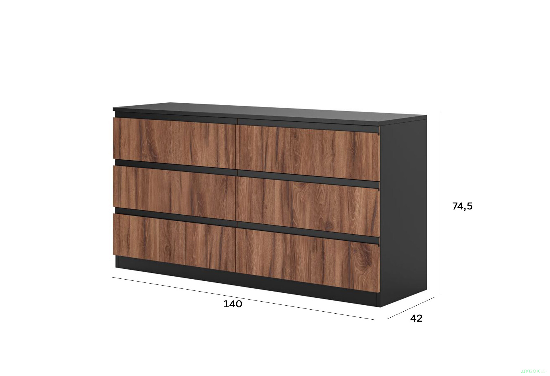Комод Світ Меблів Фріда з 6 шухлядами 140 см, чорний / дуб ліворно - Зображення 4 Зображення 4 - Комод Світ Меблів Фріда з 6 шухлядами 140 см, чорний / дуб ліворно
