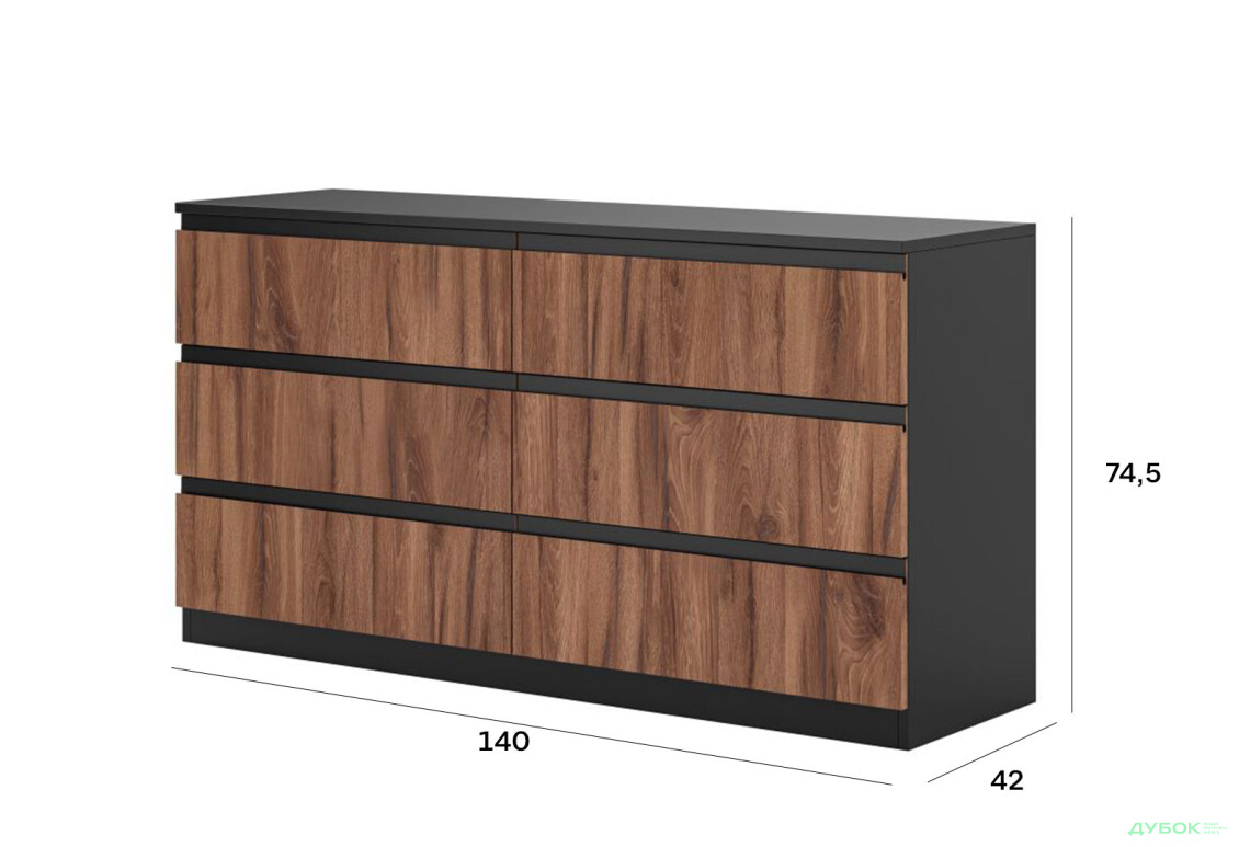 Комод Світ Меблів Фріда з 6 шухлядами 140 см, чорний / дуб ліворно - Зображення 4 Зображення 4 - Комод Світ Меблів Фріда з 6 шухлядами 140 см, чорний / дуб ліворно