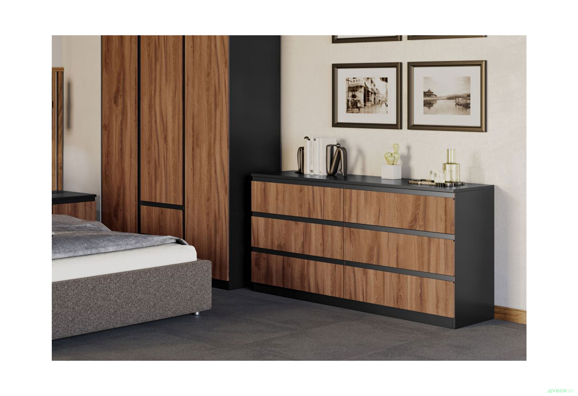Комод Світ Меблів Фріда з 6 шухлядами 140 см, чорний / дуб ліворно - Зображення 2 Зображення 2 - Комод Світ Меблів Фріда з 6 шухлядами 140 см, чорний / дуб ліворно