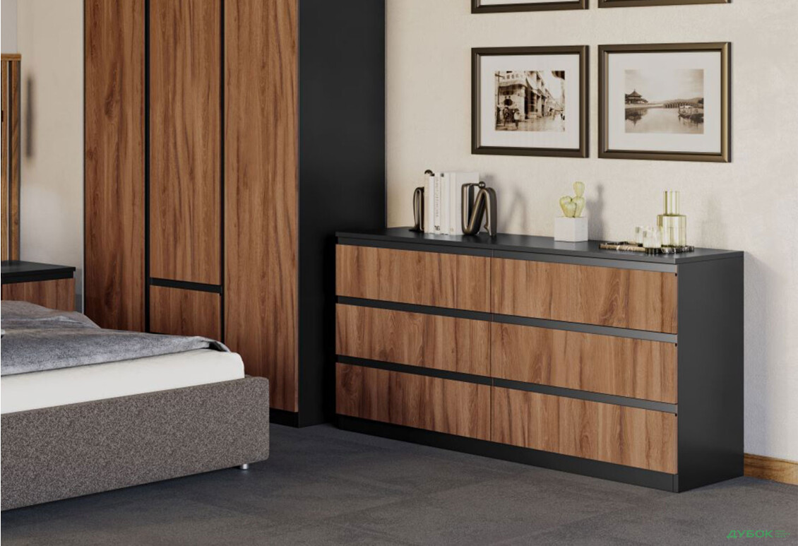 Комод Світ Меблів Фріда з 6 шухлядами 140 см, чорний / дуб ліворно - Зображення 2 Зображення 2 - Комод Світ Меблів Фріда з 6 шухлядами 140 см, чорний / дуб ліворно