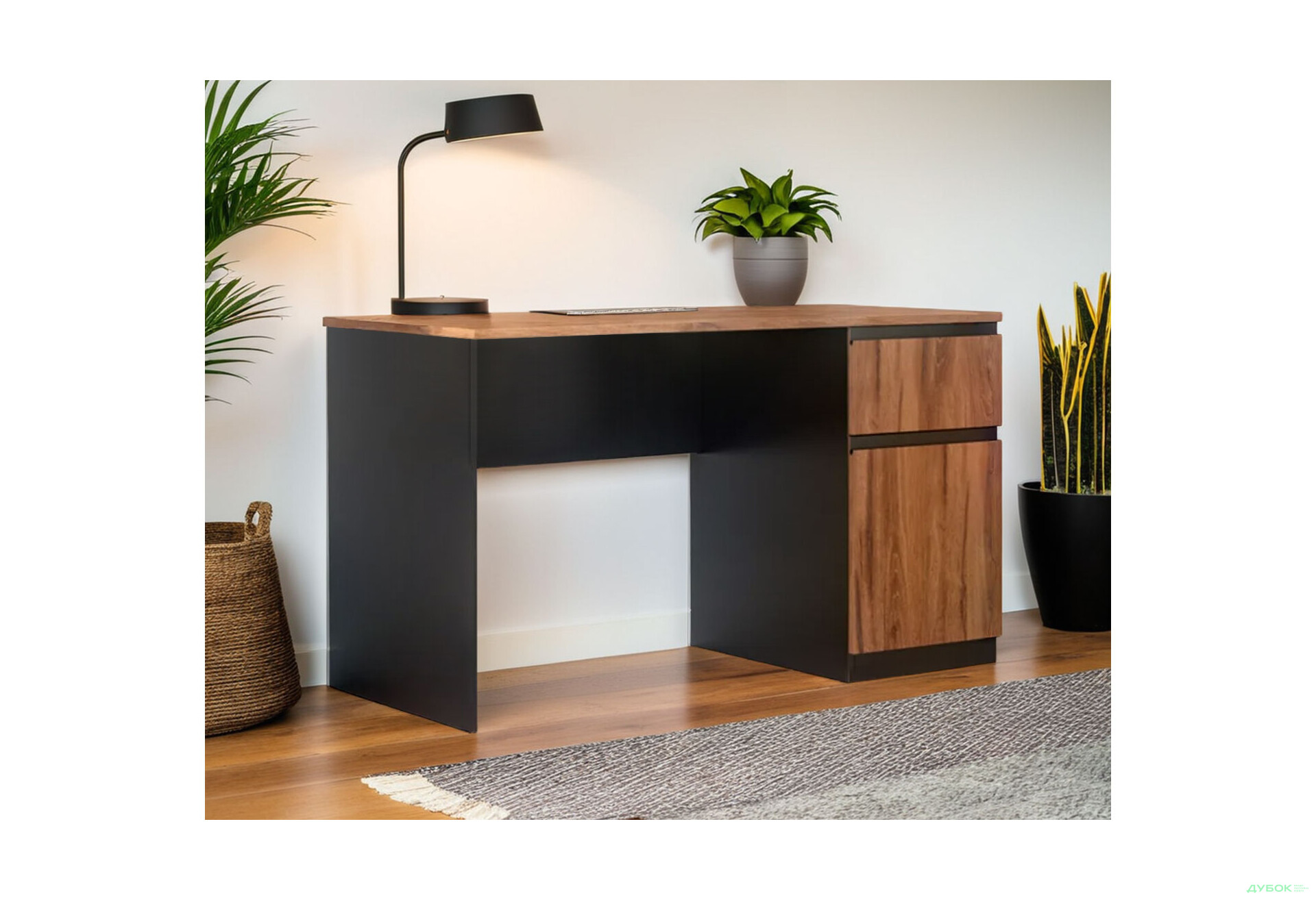 Стіл Світ Меблів Фріда з шухлядою і тумбою 128 см, чорний / дуб ліворно - Зображення 2 Зображення 2 - Стіл Світ Меблів Фріда з шухлядою і тумбою 128 см, чорний / дуб ліворно