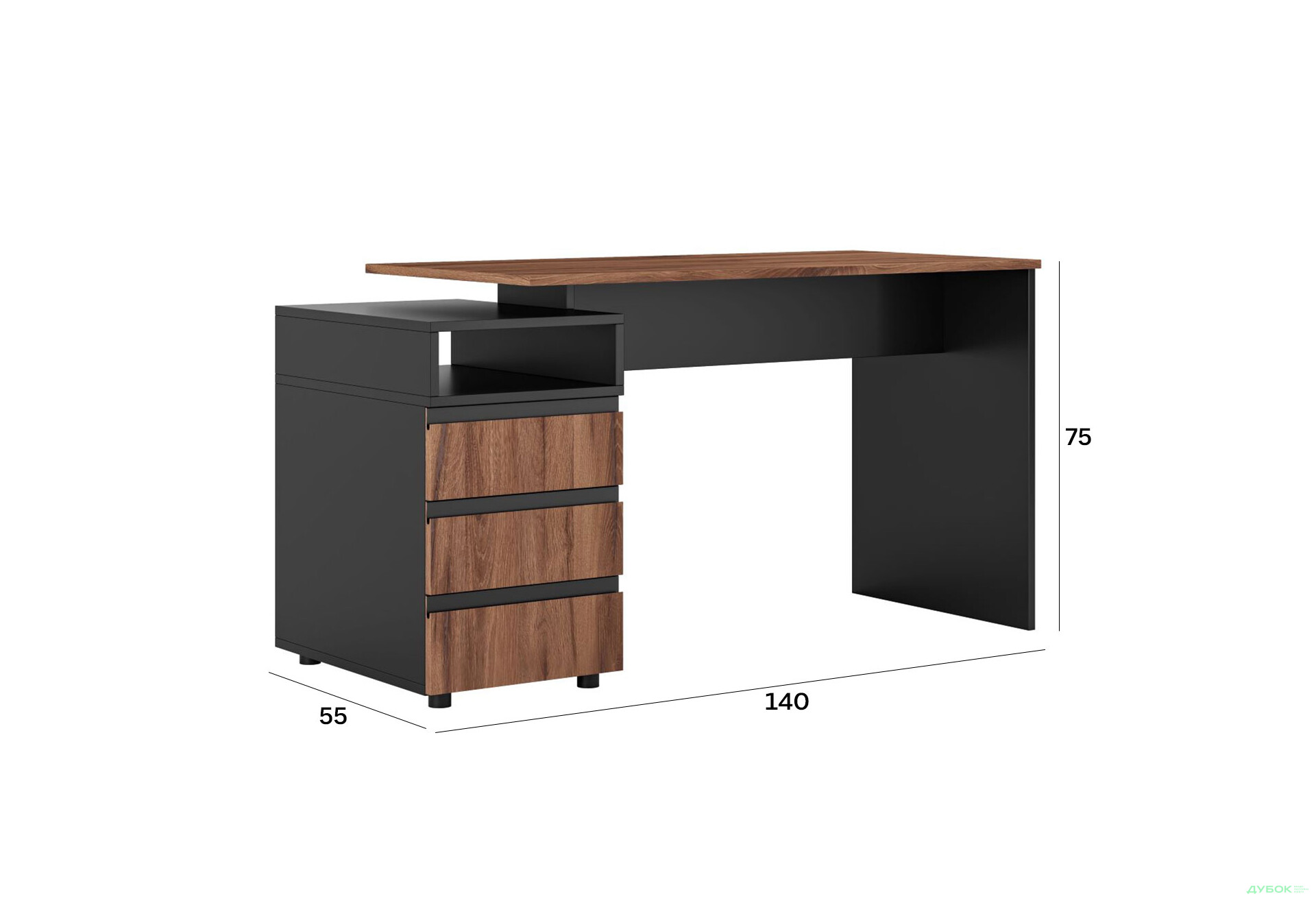 Стіл Світ Меблів Фріда з 3 шухлядами і полицею 140 см, чорний / дуб ліворно - Зображення 3 Зображення 3 - Стіл Світ Меблів Фріда з 3 шухлядами і полицею 140 см, чорний / дуб ліворно