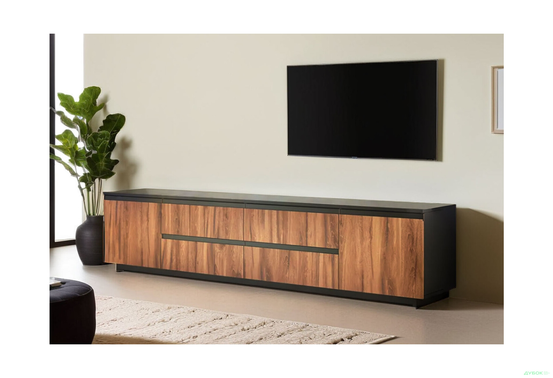 Тумба під ТВ Світ Меблів Фріда з шухлядами і дверцятами 230 см, чорний / дуб ліворно - Зображення 2 Зображення 2 - Тумба під ТВ Світ Меблів Фріда з шухлядами і дверцятами 230 см, чорний / дуб ліворно