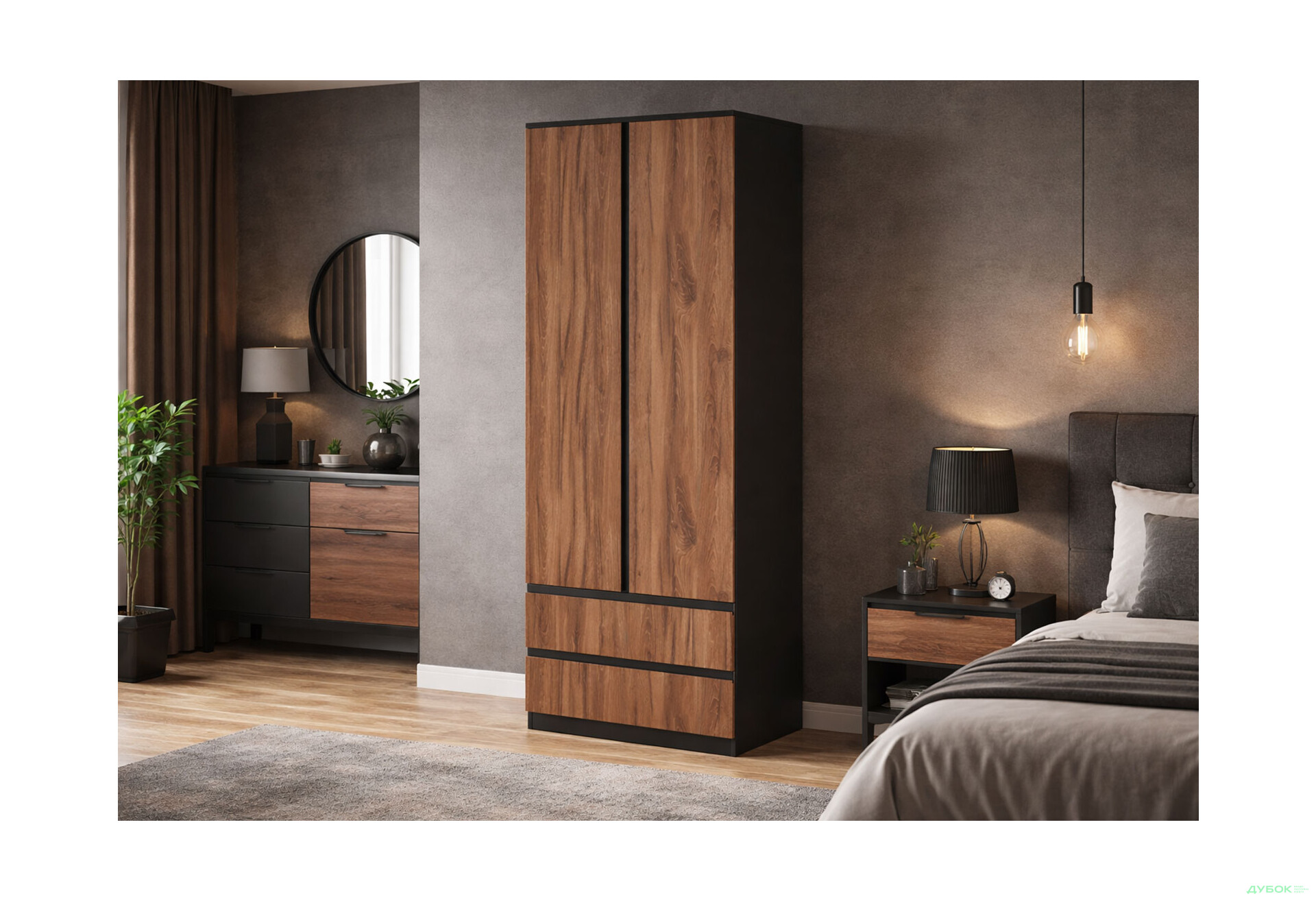 Изображение 2 - Шкаф Svit Mebliv Фрида двухдверная с 2 ящиками 80 см, чёрный / дуб ливорно