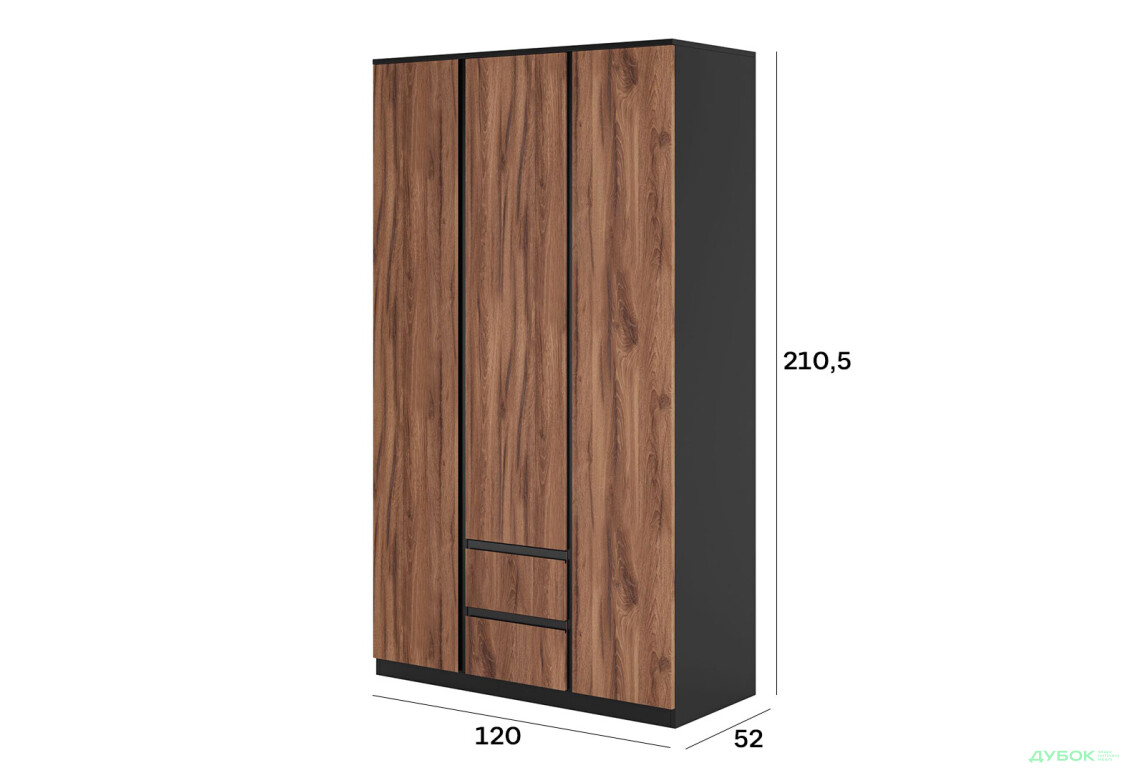 Шафа Світ Меблів Фріда тридверна з 2 шухлядами 120 см, чорний / дуб ліворно - Зображення 5 Зображення 5 - Шафа Світ Меблів Фріда тридверна з 2 шухлядами 120 см, чорний / дуб ліворно