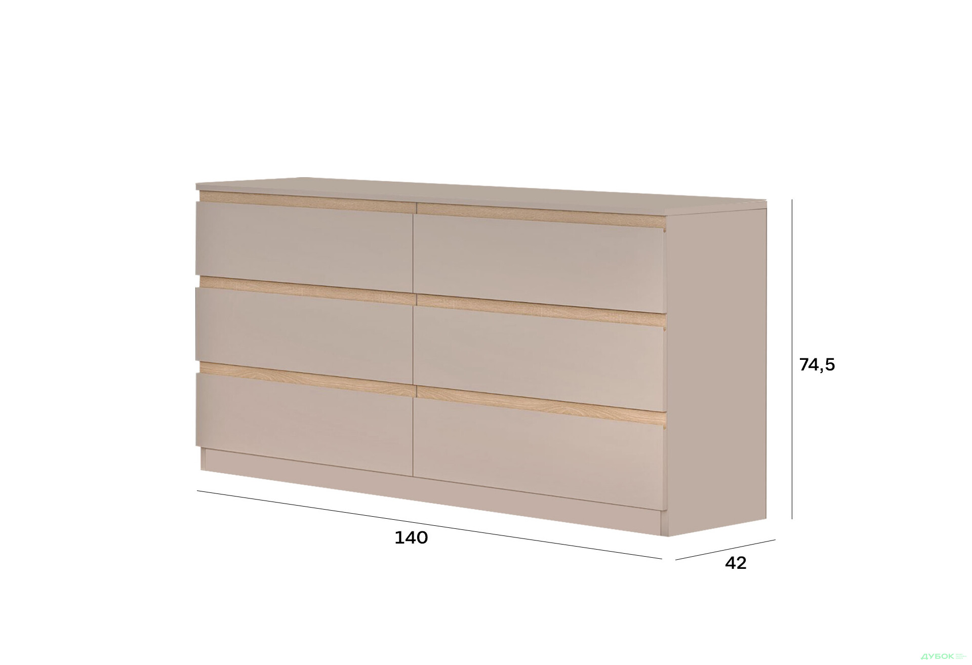 Комод Світ Меблів Фріда з 6 шухлядами 140 см, тоффі / дуб сонома - Зображення 3 Зображення 3 - Комод Світ Меблів Фріда з 6 шухлядами 140 см, тоффі / дуб сонома