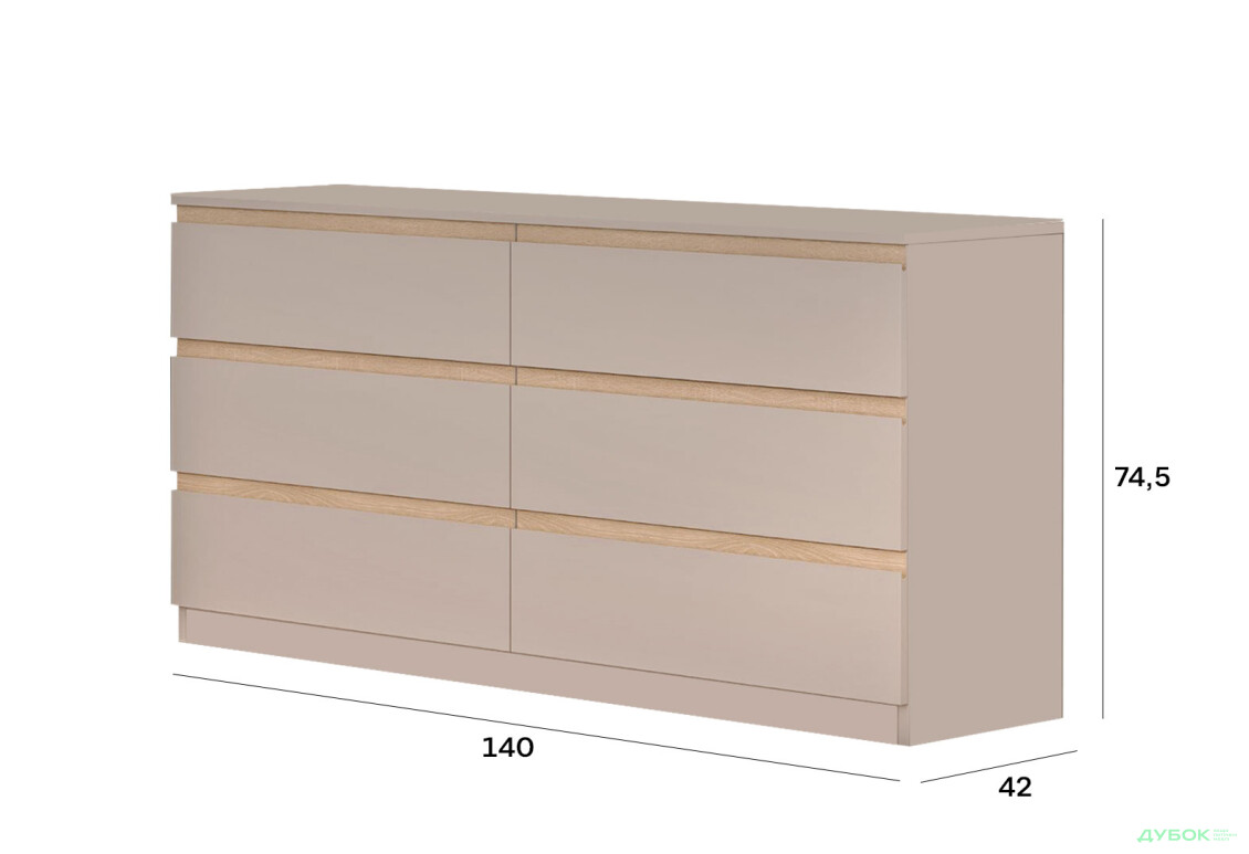 Комод Світ Меблів Фріда з 6 шухлядами 140 см, тоффі / дуб сонома - Зображення 3 Зображення 3 - Комод Світ Меблів Фріда з 6 шухлядами 140 см, тоффі / дуб сонома