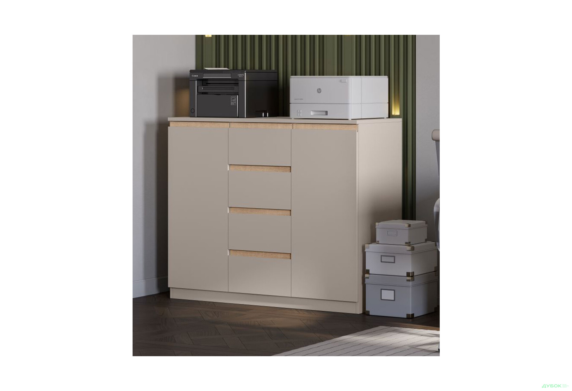 Комод Svit Mebliv Фрида с 2 дверцами і 4 ящиками 120 см, тоффи / дуб сонома - Изображение 2 Изображение 2 - Комод Svit Mebliv Фрида с 2 дверцами і 4 ящиками 120 см, тоффи / дуб сонома