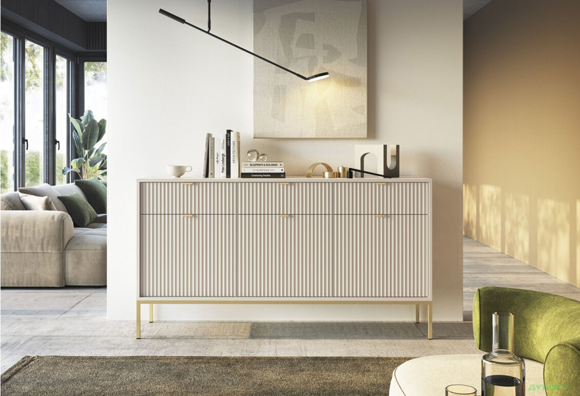 Комод Perfect Home Нова / Nova 3-дверний з 3 шухлядами 154 см, кашемір, золоті ніжки - Зображення 2 Зображення 2 - Комод Perfect Home Нова / Nova 3-дверний з 3 шухлядами 154 см, кашемір, золоті ніжки