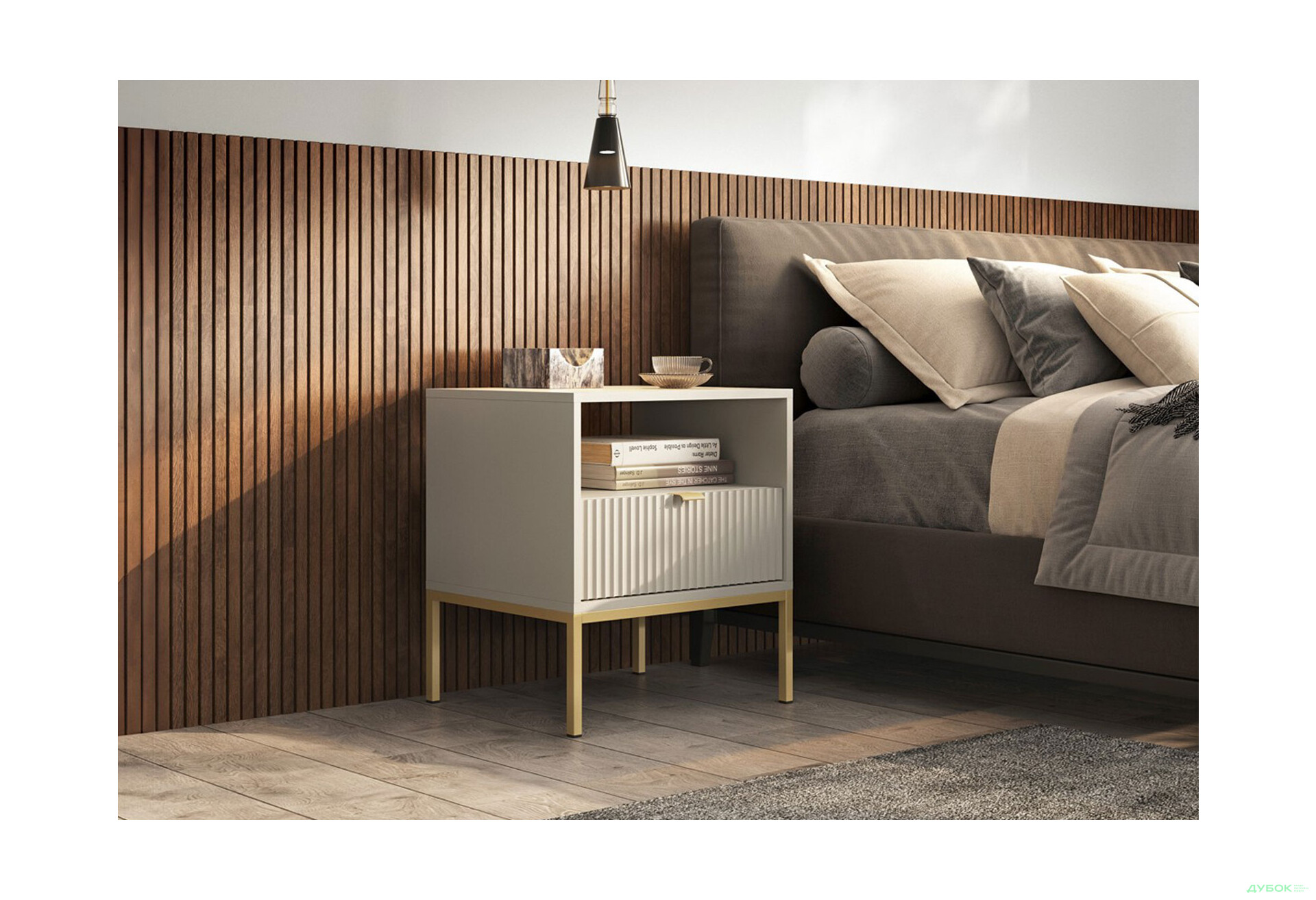 Приліжкова тумба Perfect Home Нова / Nova з шухлядою та полицею 54 см, кашемір, золоті ніжки - Зображення 2 Зображення 2 - Приліжкова тумба Perfect Home Нова / Nova з шухлядою та полицею 54 см, кашемір, золоті ніжки