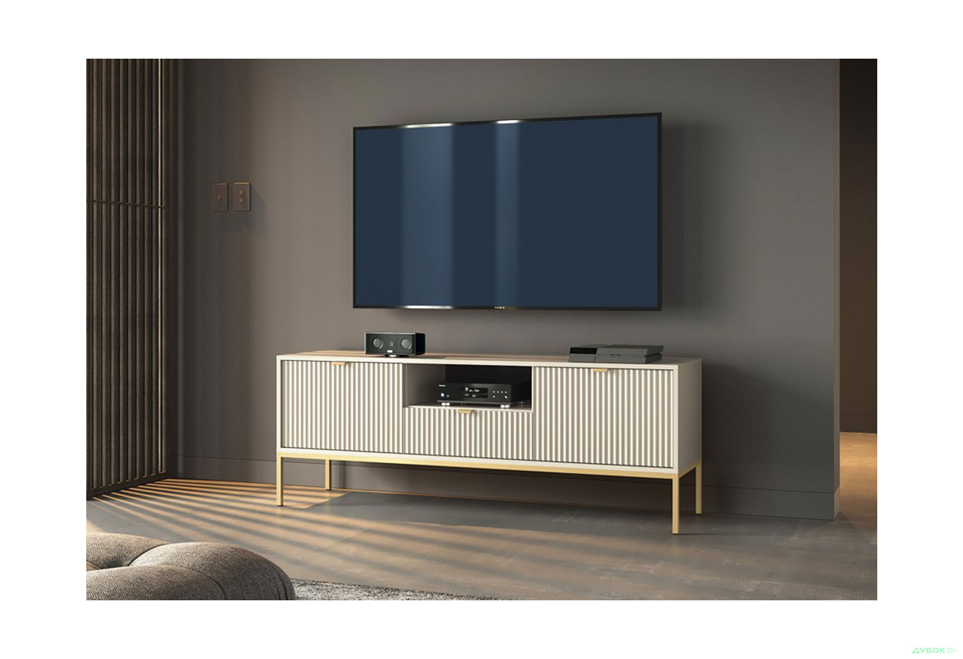 Зображення 2 - Тумба під ТВ Perfect Home Нова / Nova з 2 дверками, шухлядою та поличкою 154 см, кашемір, золоті ніжки