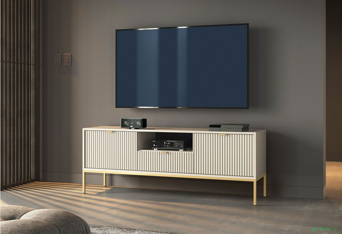 Тумба під ТВ Perfect Home Нова / Nova з 2 дверками, шухлядою та поличкою 154 см, кашемір, золоті ніжки - Зображення 2 Зображення 2 - Тумба під ТВ Perfect Home Нова / Nova з 2 дверками, шухлядою та поличкою 154 см, кашемір, золоті ніжки