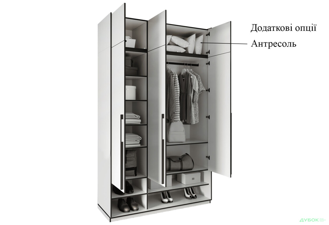 Шкаф Moreli Ramo / Рамо R-0006 3-дверный со штангой и полками 148,4 см, белый - Изображение 7 Изображение 7 - Шкаф Moreli Ramo / Рамо R-0006 3-дверный со штангой и полками 148,4 см, белый