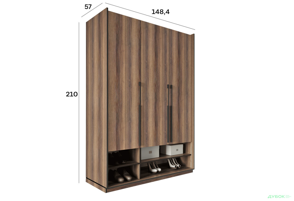 Шафа Moreli Ramo / Рамо R-0006 3-дверна зі штангою та полицями 148,4 см, дуб кверкус - Зображення 3 Зображення 3 - Шафа Moreli Ramo / Рамо R-0006 3-дверна зі штангою та полицями 148,4 см, дуб кверкус