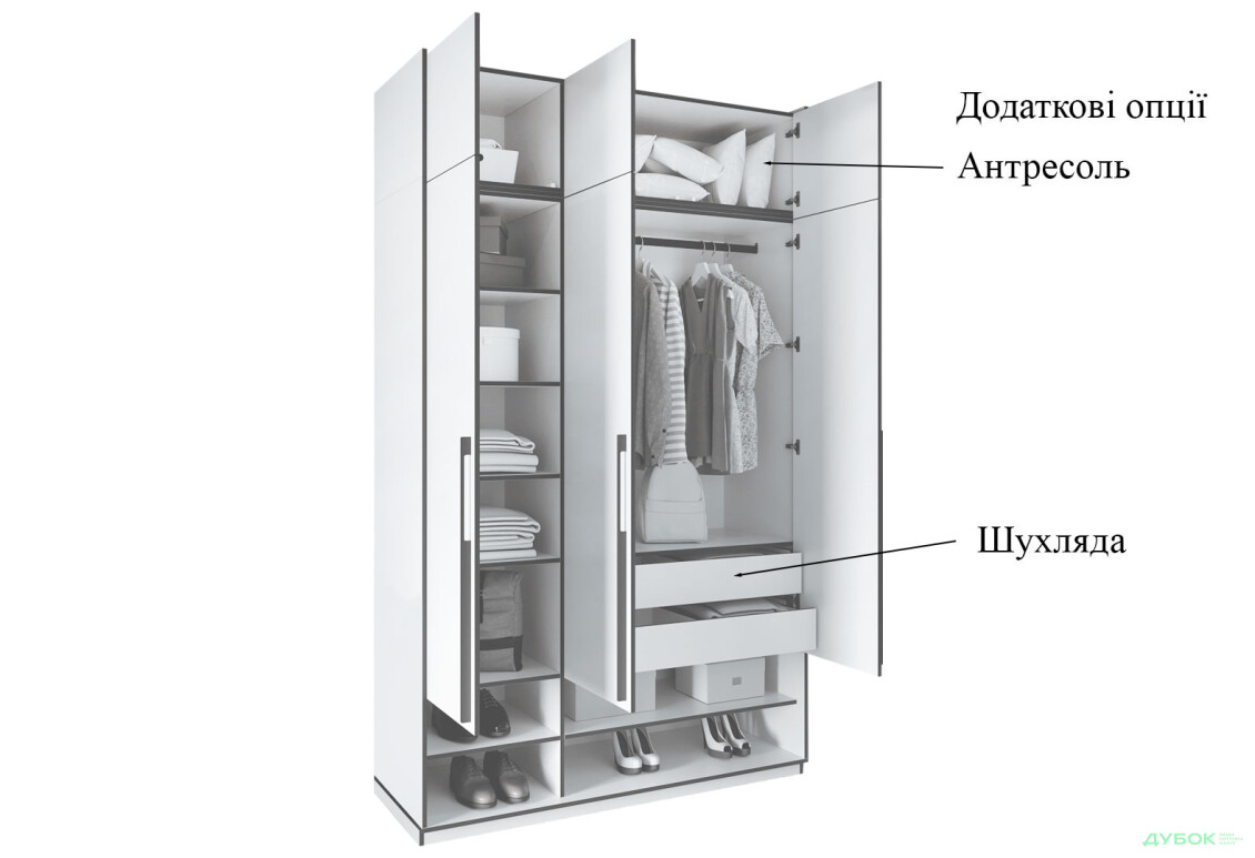 Шафа Moreli Ramo / Рамо R-0006 3-дверна зі штангою та полицями 148,4 см, дуб гранж пісочний - Зображення 6 Зображення 6 - Шафа Moreli Ramo / Рамо R-0006 3-дверна зі штангою та полицями 148,4 см, дуб гранж пісочний