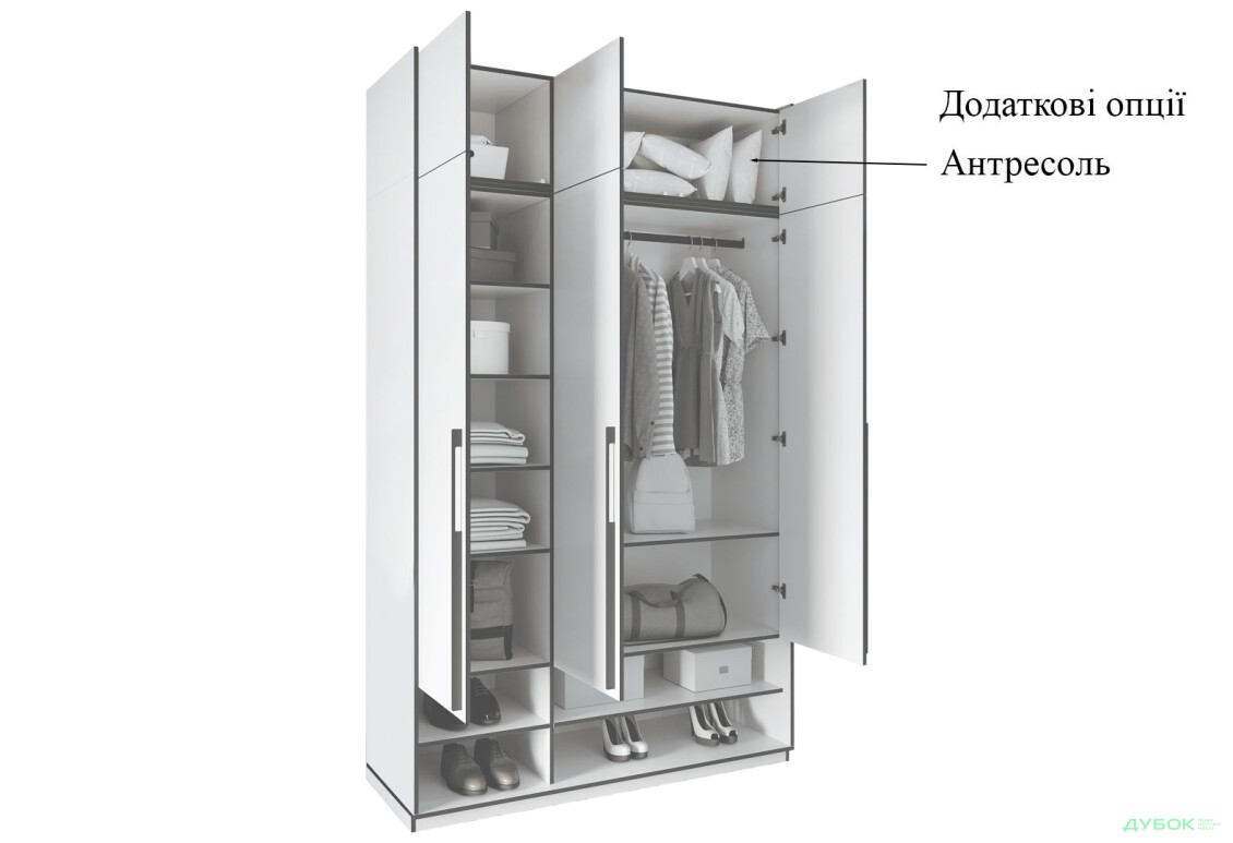 Шкаф Moreli Ramo / Рамо R-0006 3-дверный со штангой и полками 148,4 см, зелений дымчастый - Изображение 6 Изображение 6 - Шкаф Moreli Ramo / Рамо R-0006 3-дверный со штангой и полками 148,4 см, зелений дымчастый