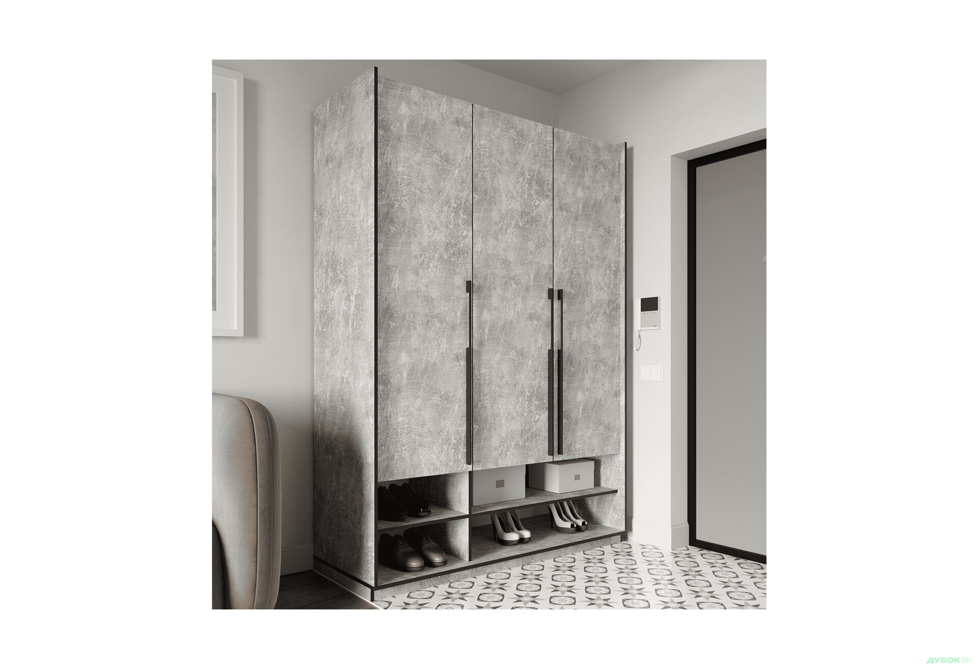 Шафа Moreli Ramo / Рамо R-0006 3-дверна зі штангою та полицями 148,4 см, бетон - Зображення 2 Зображення 2 - Шафа Moreli Ramo / Рамо R-0006 3-дверна зі штангою та полицями 148,4 см, бетон